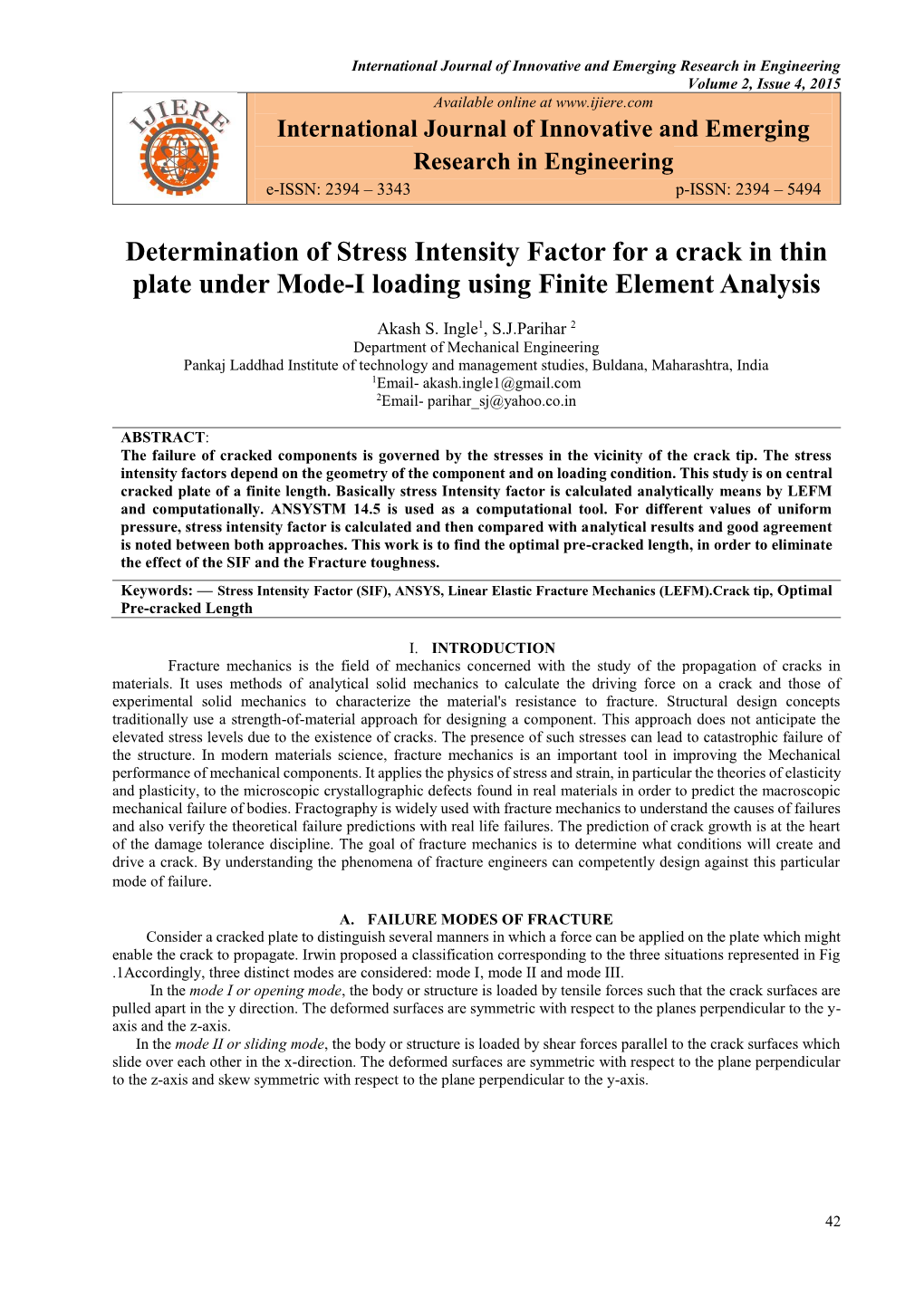 Determination of Stress Intensity Factor for a Crack in Thin Plate Under Mode-I Loading Using Finite Element Analysis