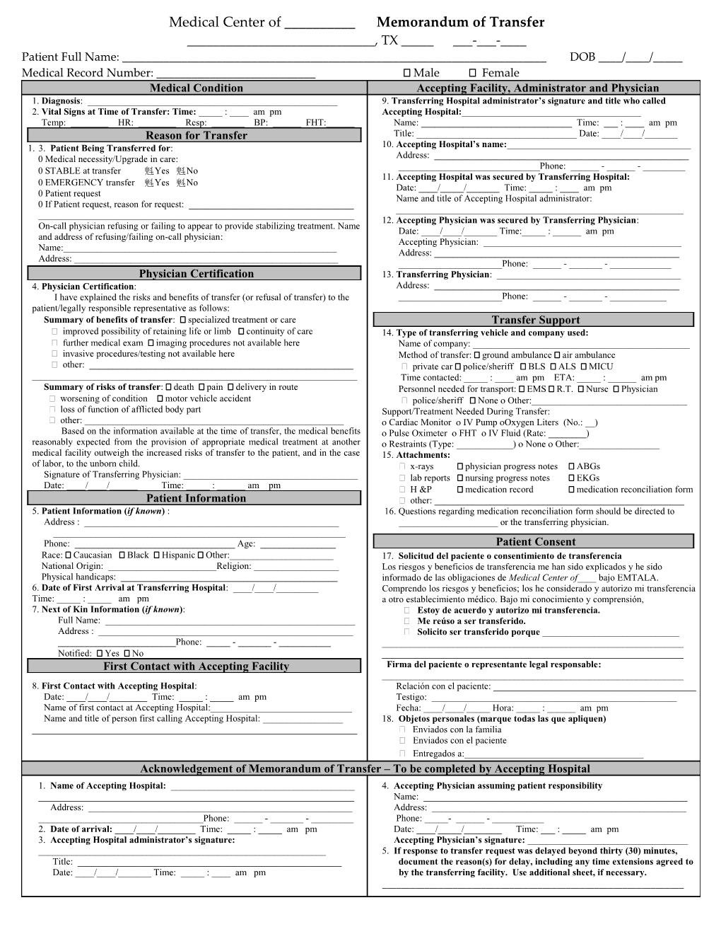 SECTION A: to Be Completed by Transferring Hospital