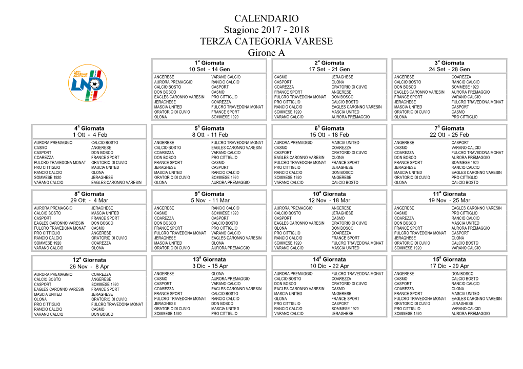 CALENDARIO Stagione 2017