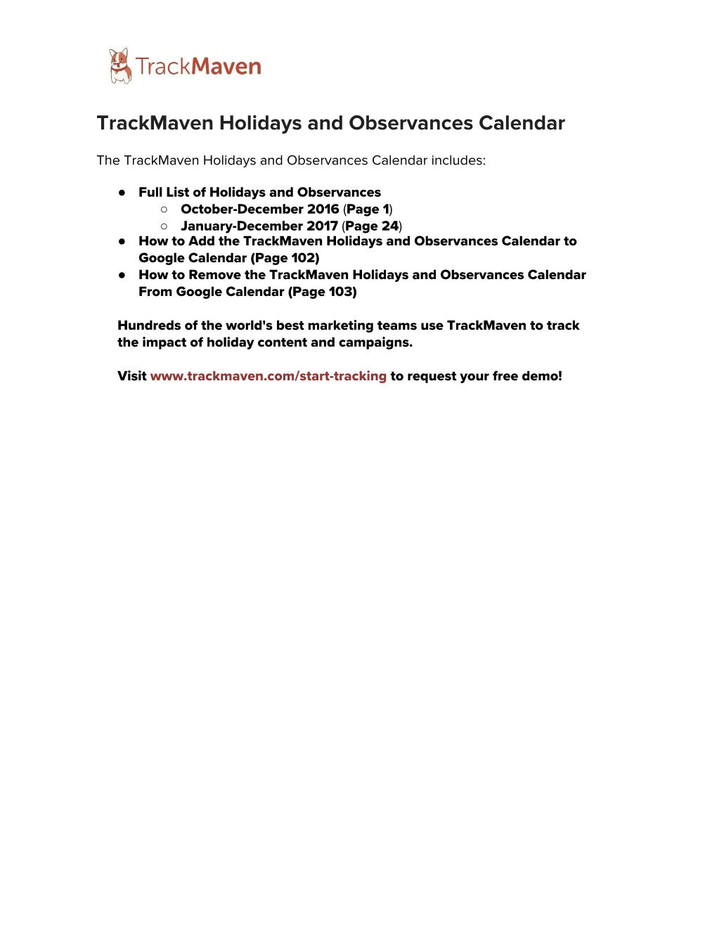 Trackmaven Holidays and Observances Calendar