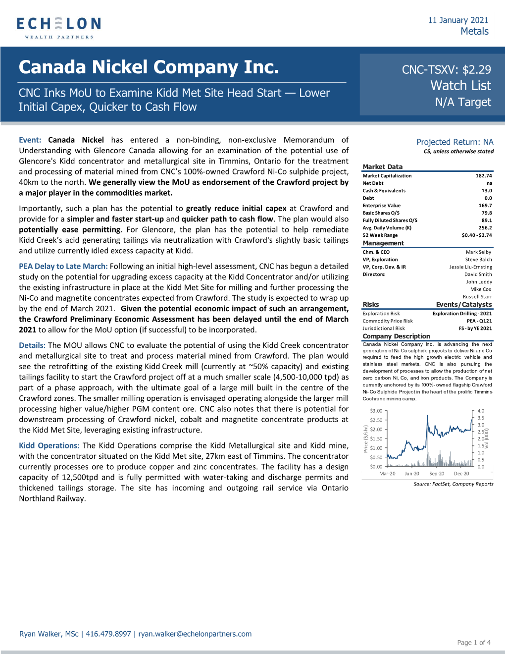 Canada Nickel Company Inc. CNC-TSXV: $2.29 Watch List CNC Inks Mou to Examine Kidd Met Site Head Start — Lower Initial Capex, Quicker to Cash Flow N/A Target