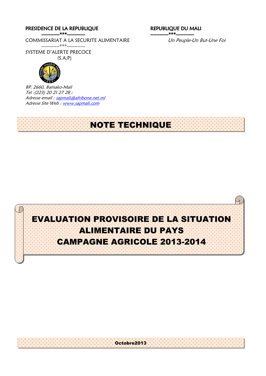 Evaluation Provioire De La Situation Alimentaire Campagne 2013-2014