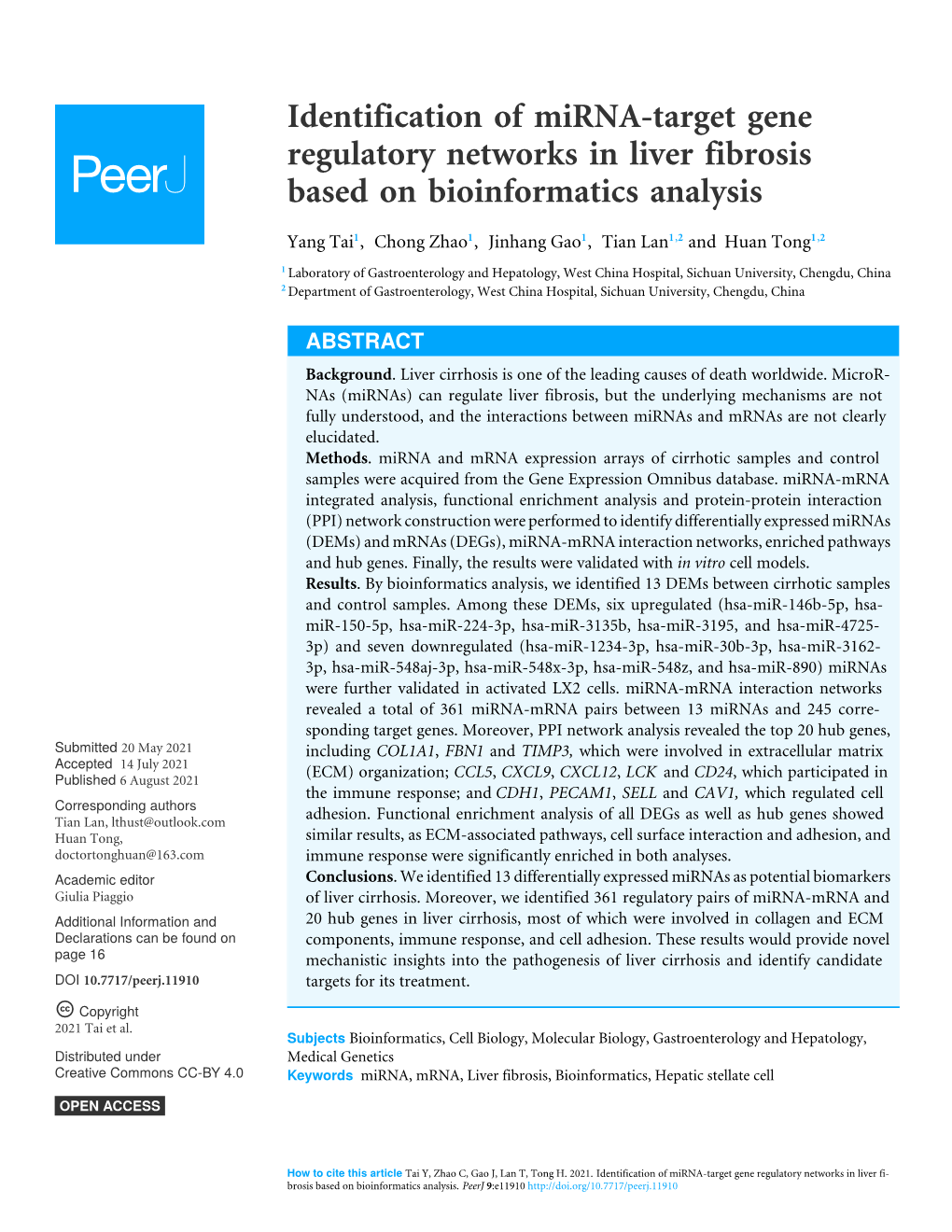 Identification of Mirna-Target Gene Regulatory Networks in Liver Fibrosis Based on Bioinformatics Analysis