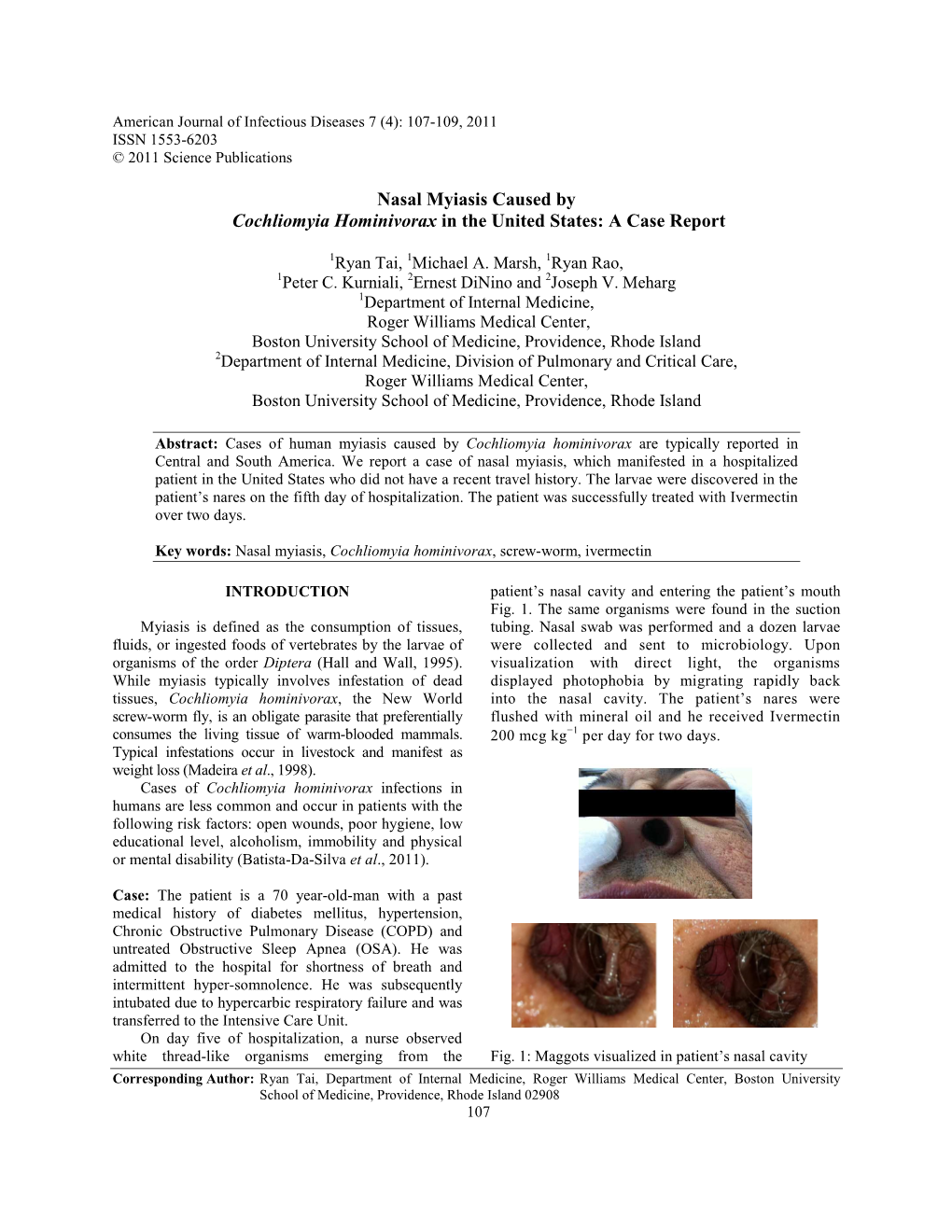 Nasal Myiasis Caused by Cochliomyia Hominivorax in the United States: a Case Report