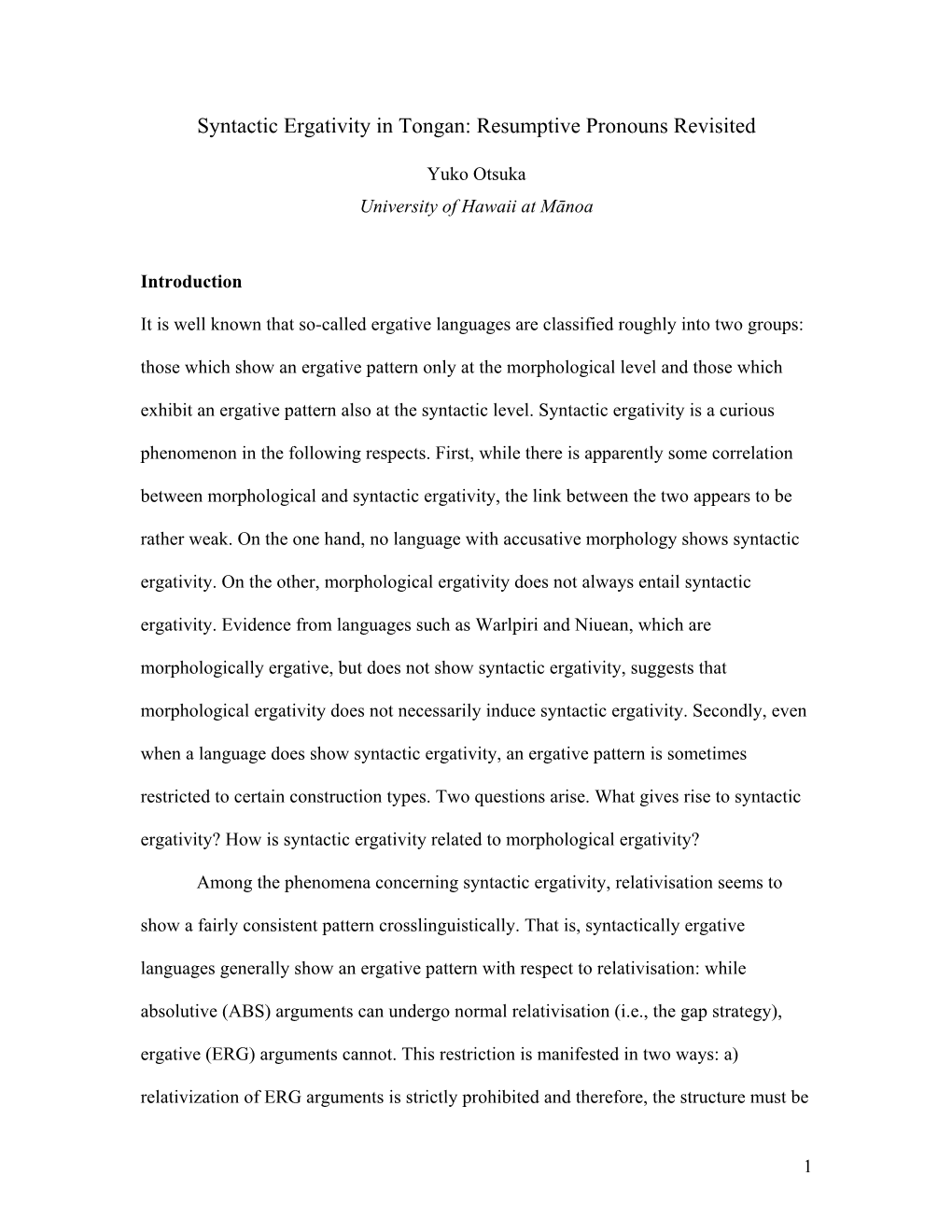 Syntactic Ergativity in Tongan: Resumptive Pronoun Revisited