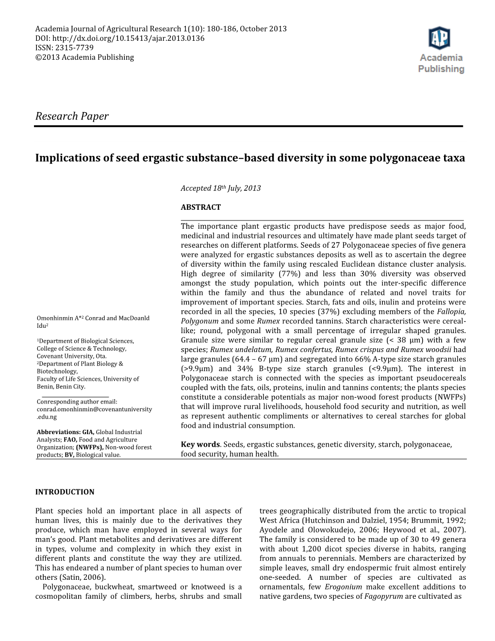 Research Paper Implications of Seed Ergastic Substance–Based Diversity