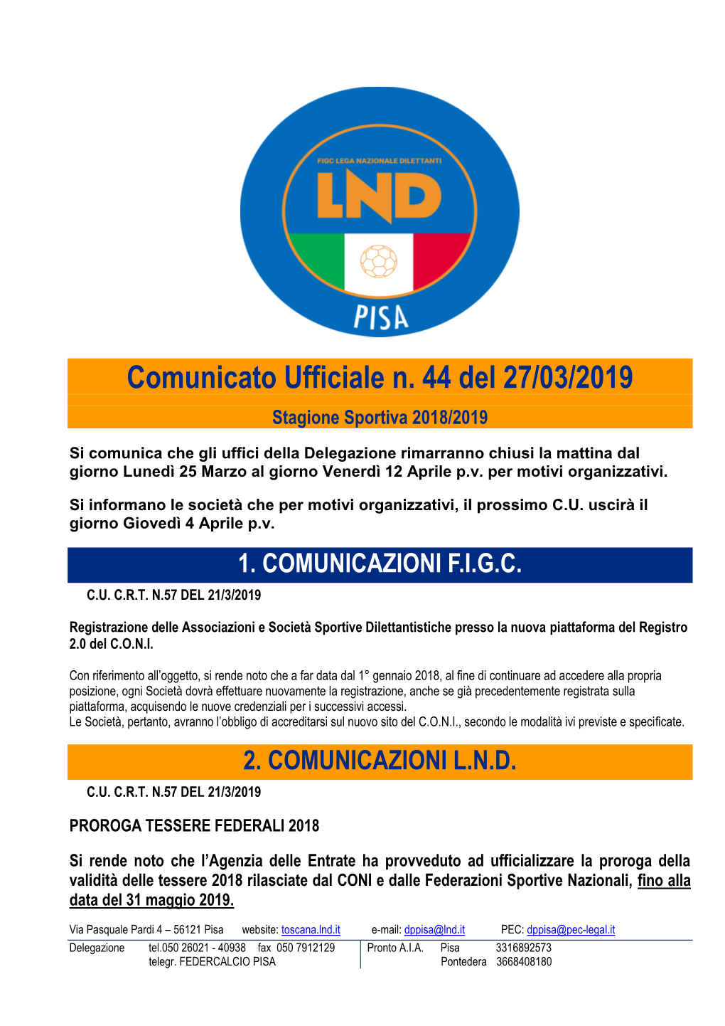 Comunicato Ufficiale N. 44 Del 27/03/2019