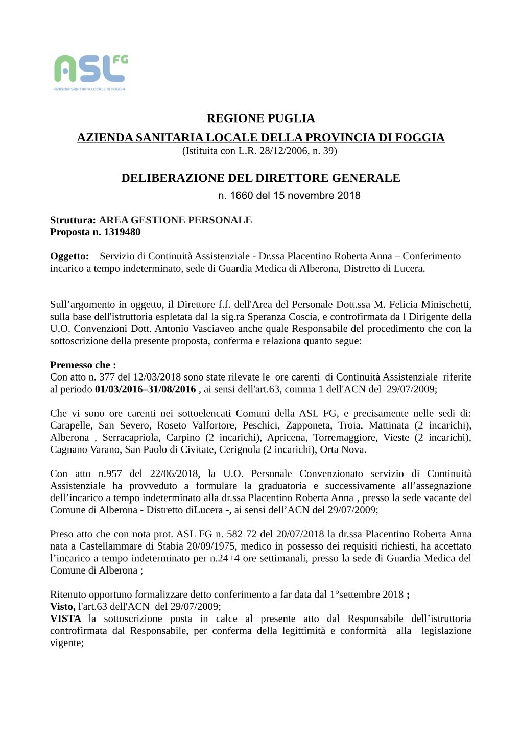 REGIONE PUGLIA AZIENDA SANITARIA LOCALE DELLA PROVINCIA DI FOGGIA (Istituita Con L.R