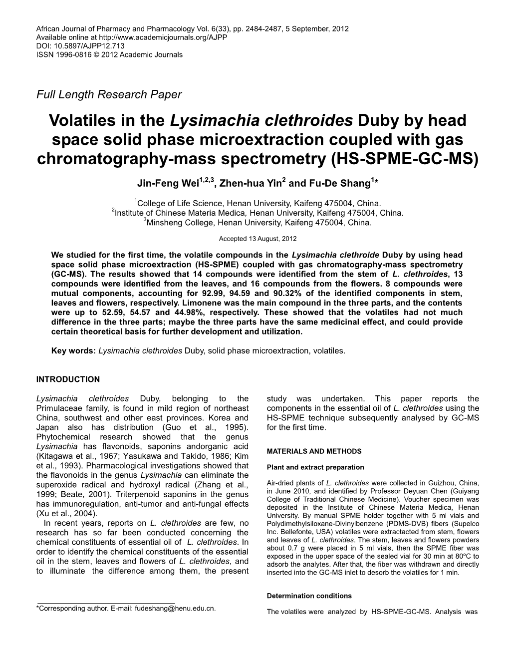 Volatiles in the Lysimachia Clethroides Duby by Head Space Solid Phase Microextraction Coupled with Gas Chromatography-Mass Spectrometry (HS-SPME-GC-MS)