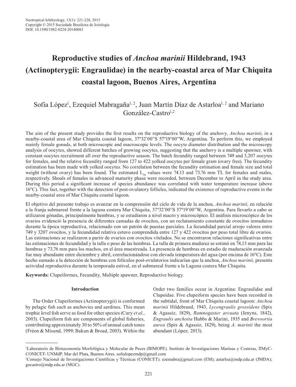 Reproductive Studies of Anchoa Marinii Hildebrand, 1943