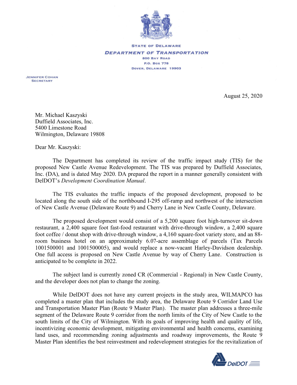 New Castle Avenue Redevelopment TIS Review Letter