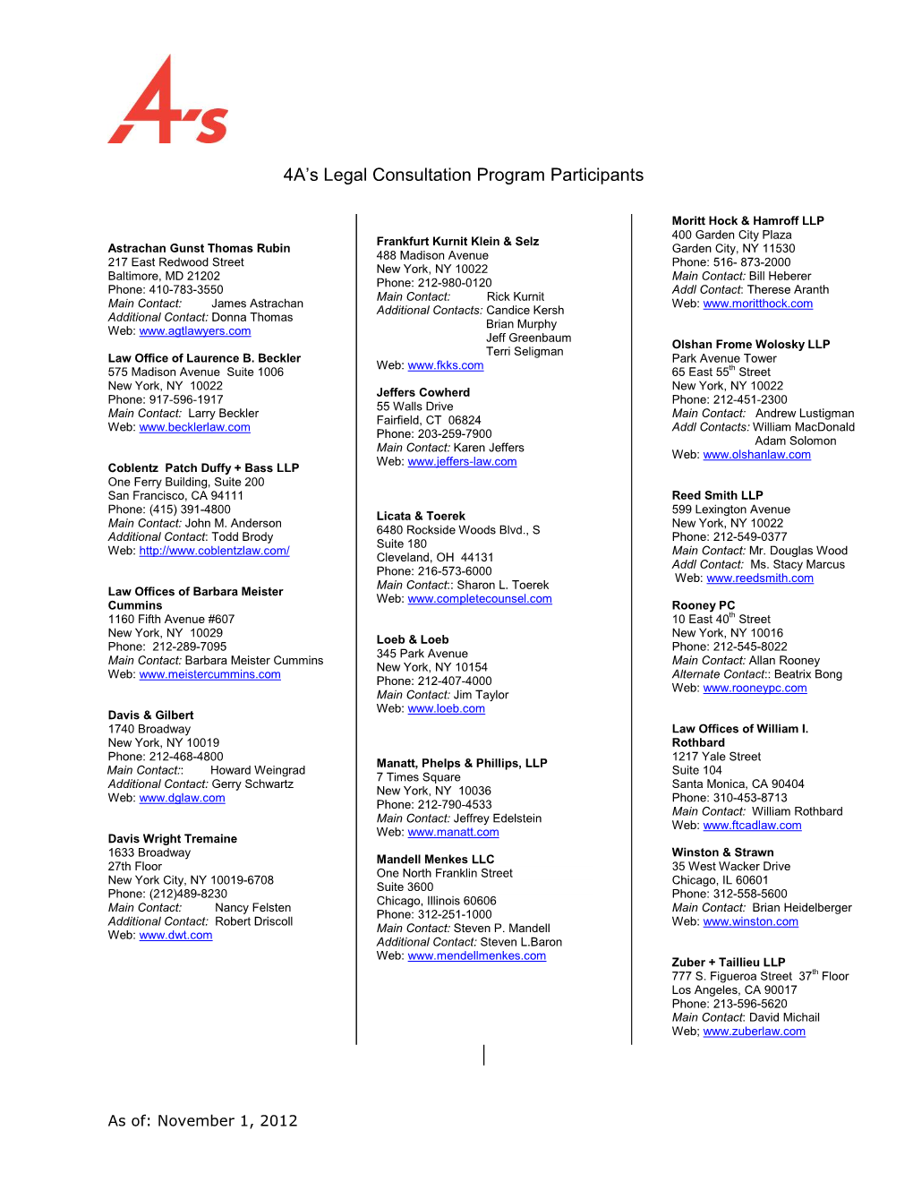 4A's Legal Consultation Program Participants