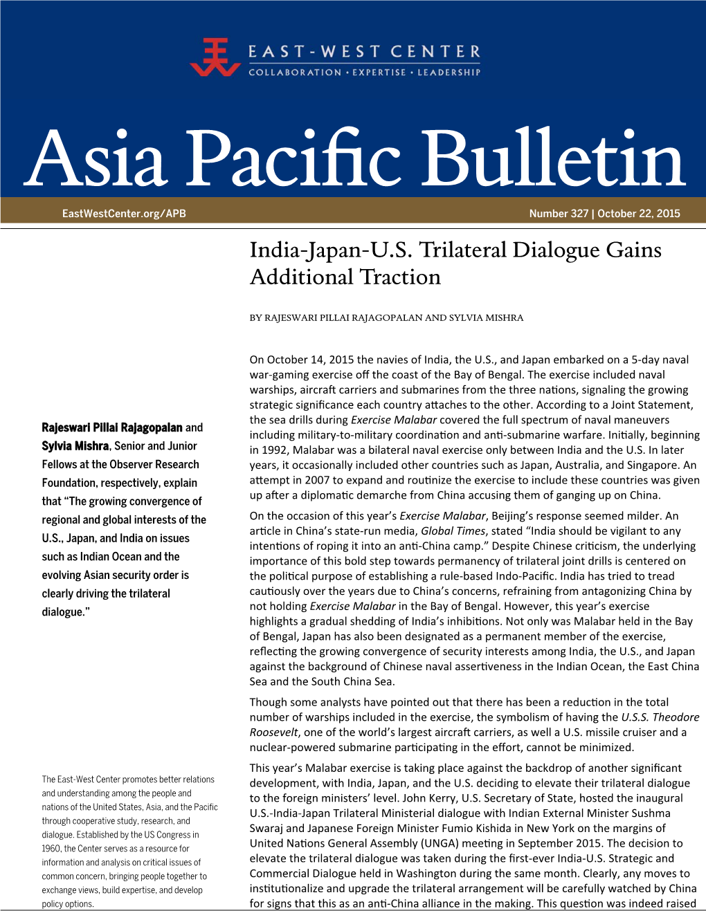 India-Japan-U.S. Trilateral Dialogue Gains Additional Traction