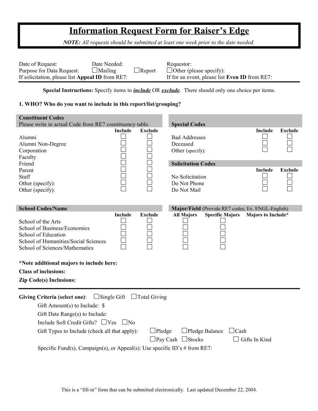 Information Request Form For Raiser’S Edge