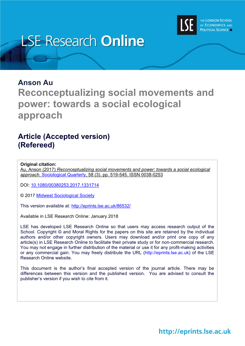 Reconceptualizing Social Movements and Power: Towards a Social Ecological Approach