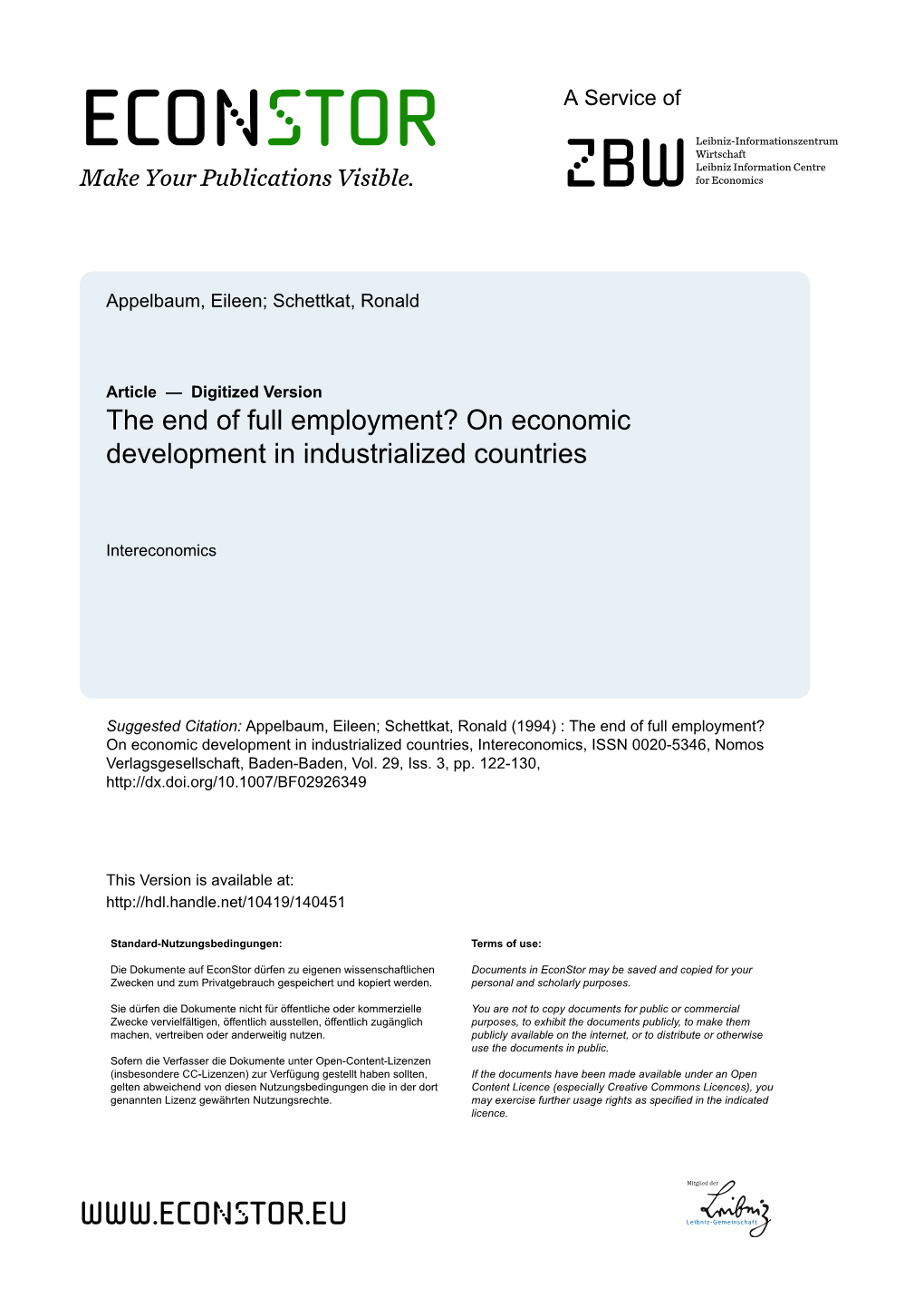 The End of Full Employment? on Economic Development in Industrialized Countries