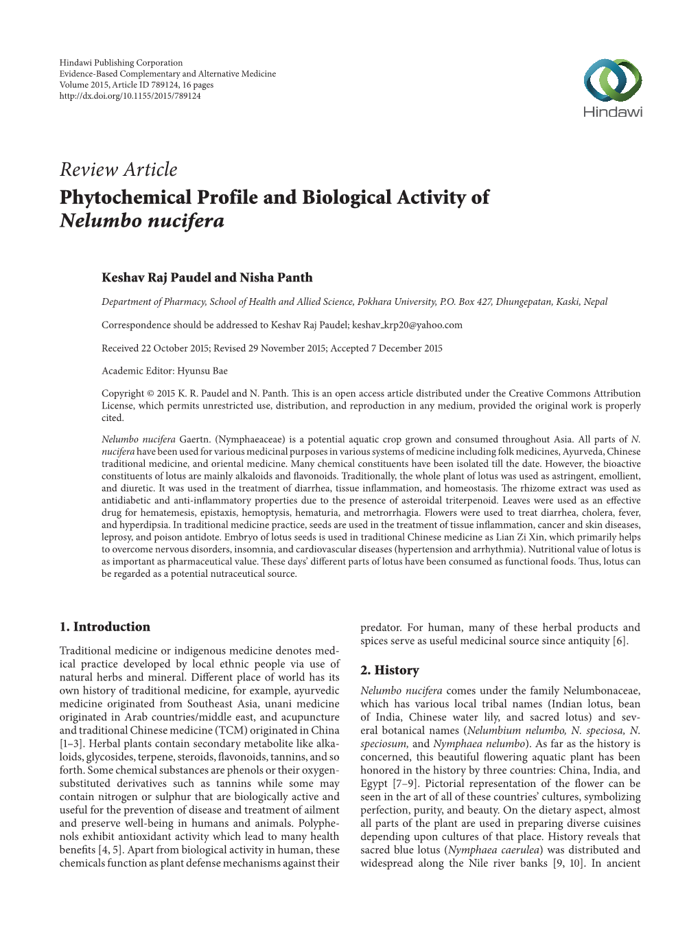 Review Article Phytochemical Profile and Biological Activity of Nelumbo Nucifera