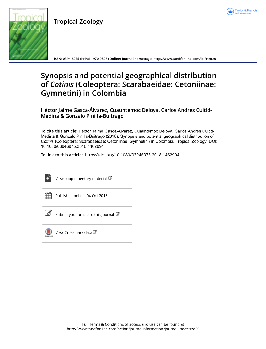 Synopsis and Potential Geographical Distribution of Cotinis (Coleoptera: Scarabaeidae: Cetoniinae: Gymnetini) in Colombia
