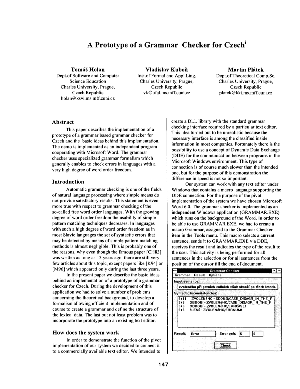 A Prototype of a Grammar Checker for Czech I