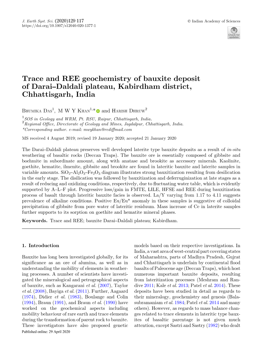 Trace and REE Geochemistry of Bauxite Deposit of Darai–Daldali Plateau, Kabirdham District, Chhattisgarh, India