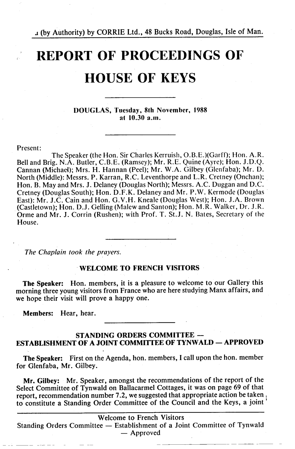 Report of Proceedings of House of Keys