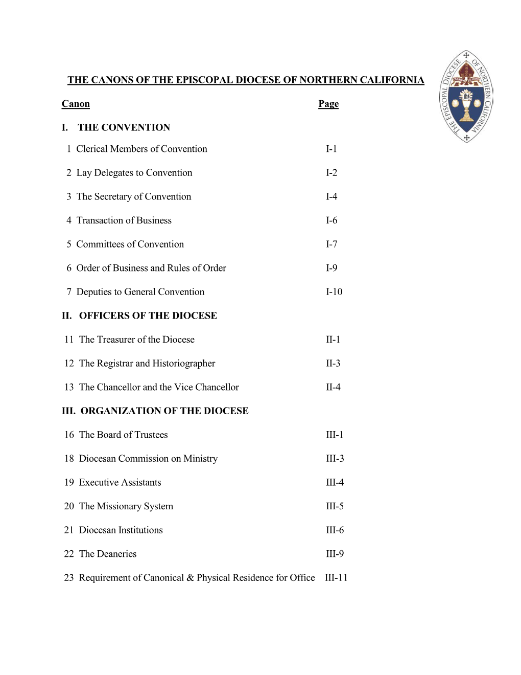 THE CANONS of the EPISCOPAL DIOCESE of NORTHERN CALIFORNIA Canon Page I. the CONVENTION 1 Clerical Members of Convention I