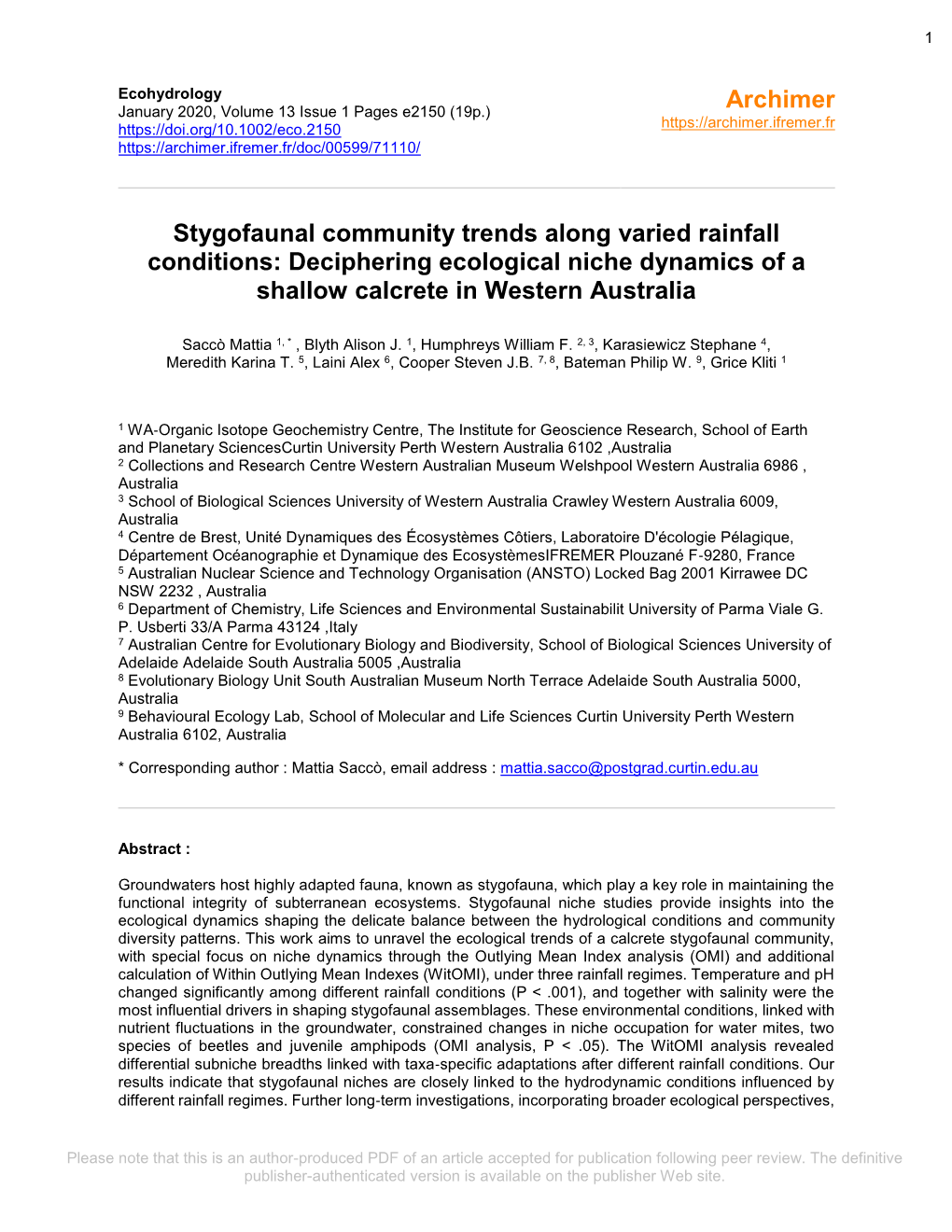 Stygofaunal Community Trends Along Varied Rainfall Conditions: Deciphering Ecological Niche Dynamics of a Shallow Calcrete in Western Australia