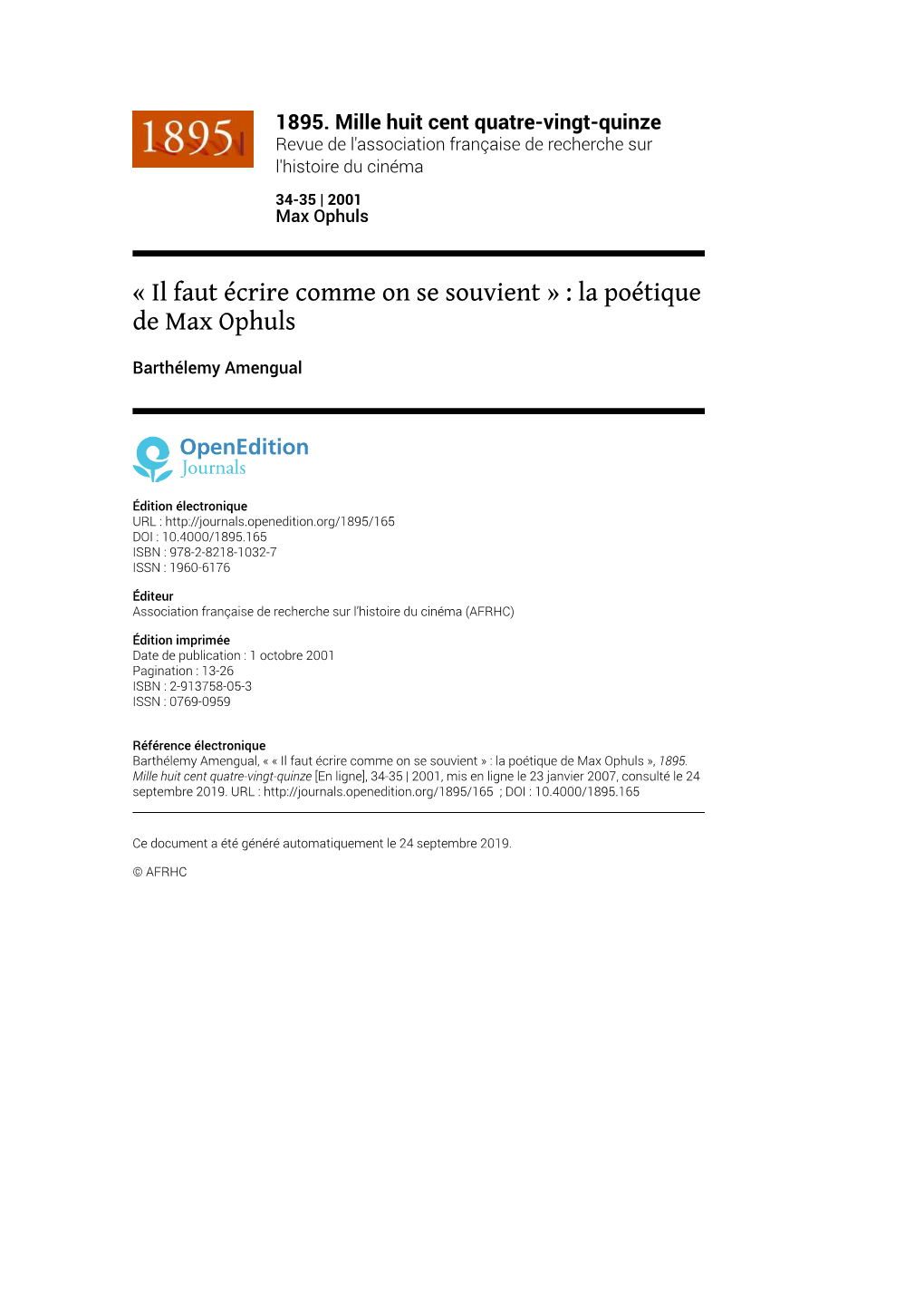 1895. Mille Huit Cent Quatre-Vingt-Quinze, 34-35 | 2001 « Il Faut Écrire Comme on Se Souvient » : La Poétique De Max Ophuls 2