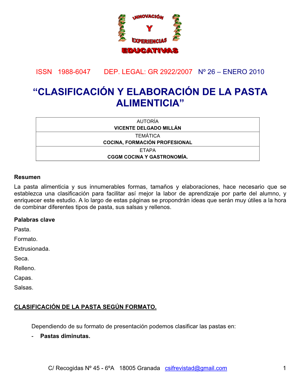 Clasificación Y Elaboración De La Pasta Alimenticia”