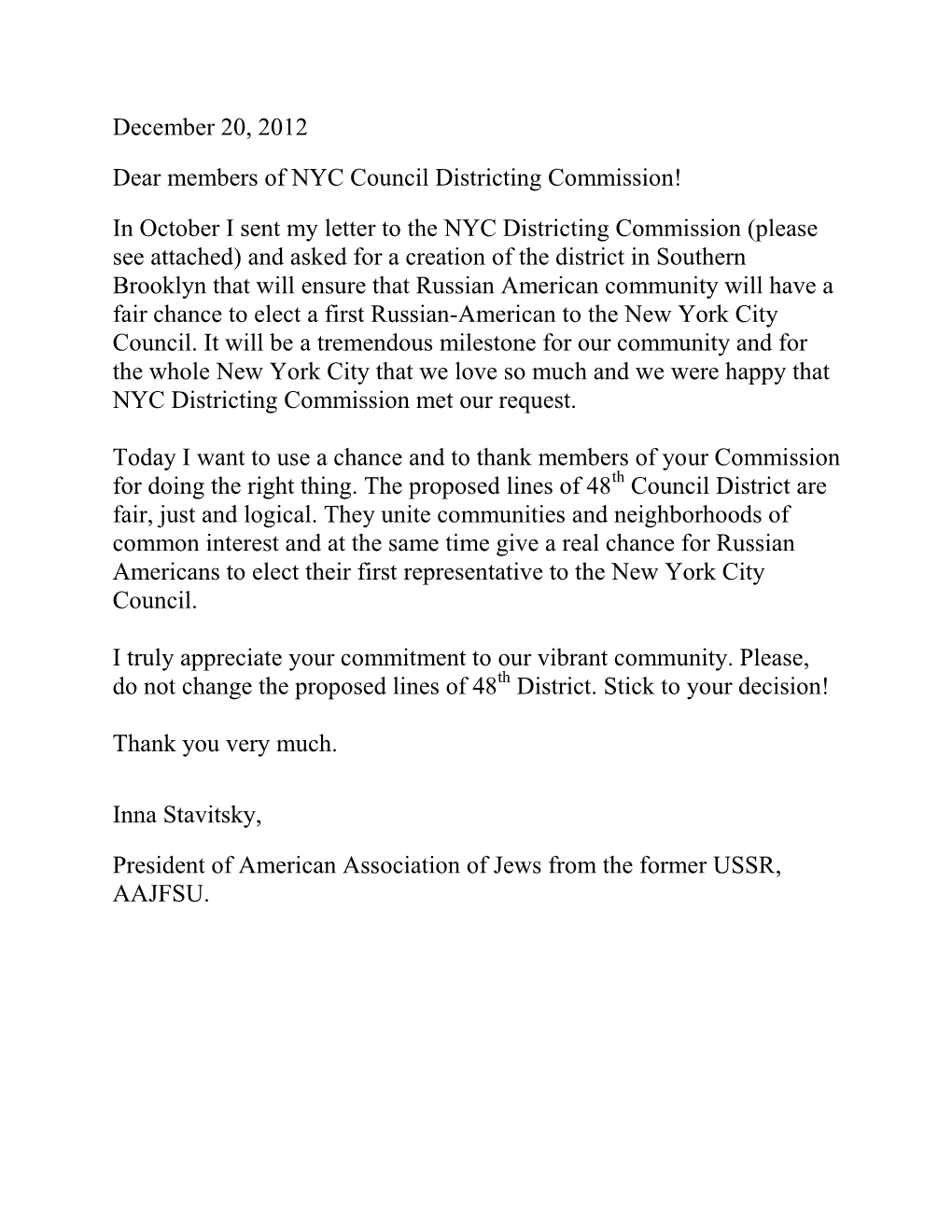 December 20, 2012 Dear Members of NYC Council Districting