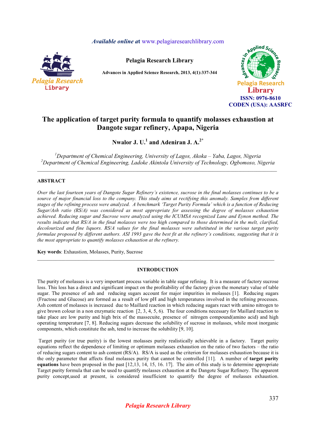 The Application of Target Purity Formula to Quantify Molasses Exhaustion at Dangote Sugar Refinery, Apapa, Nigeria