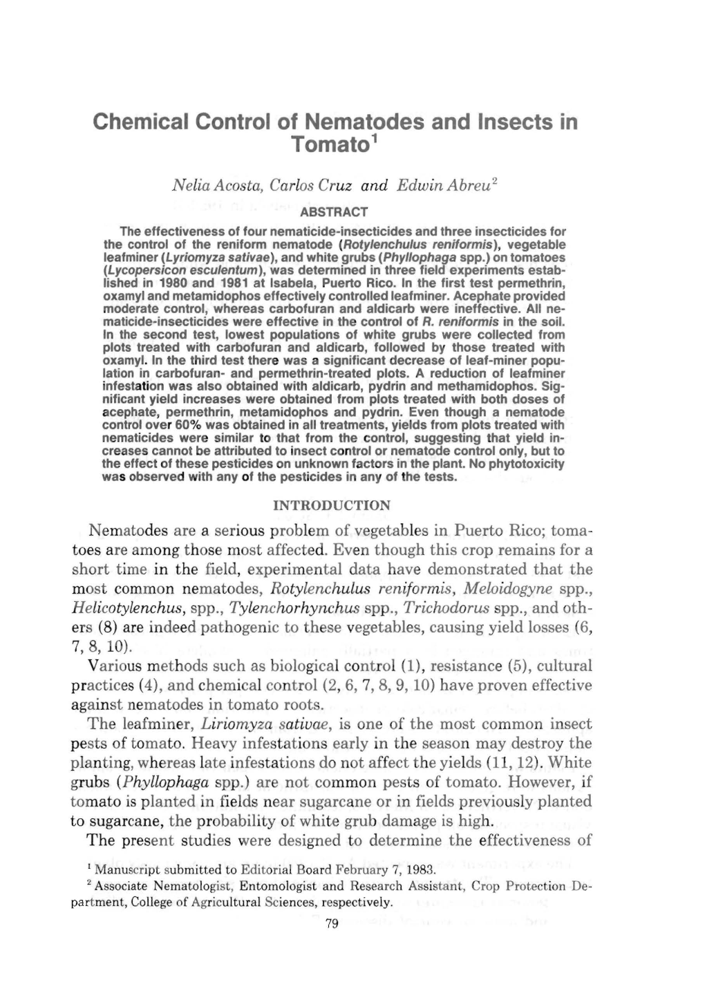 Chemical Control of Nematodes and Insects in Tomato1