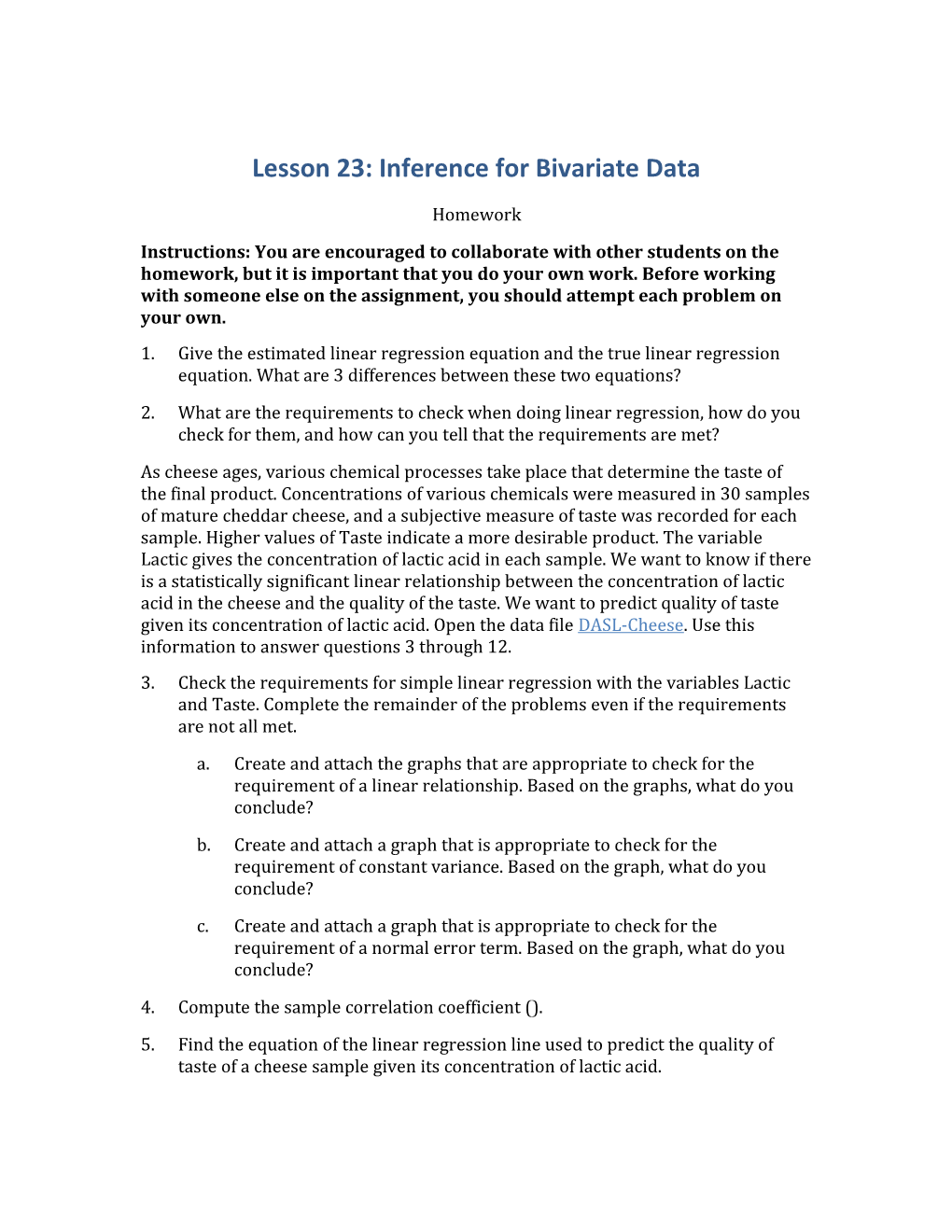 Lesson 23: Inference for Bivariate Data