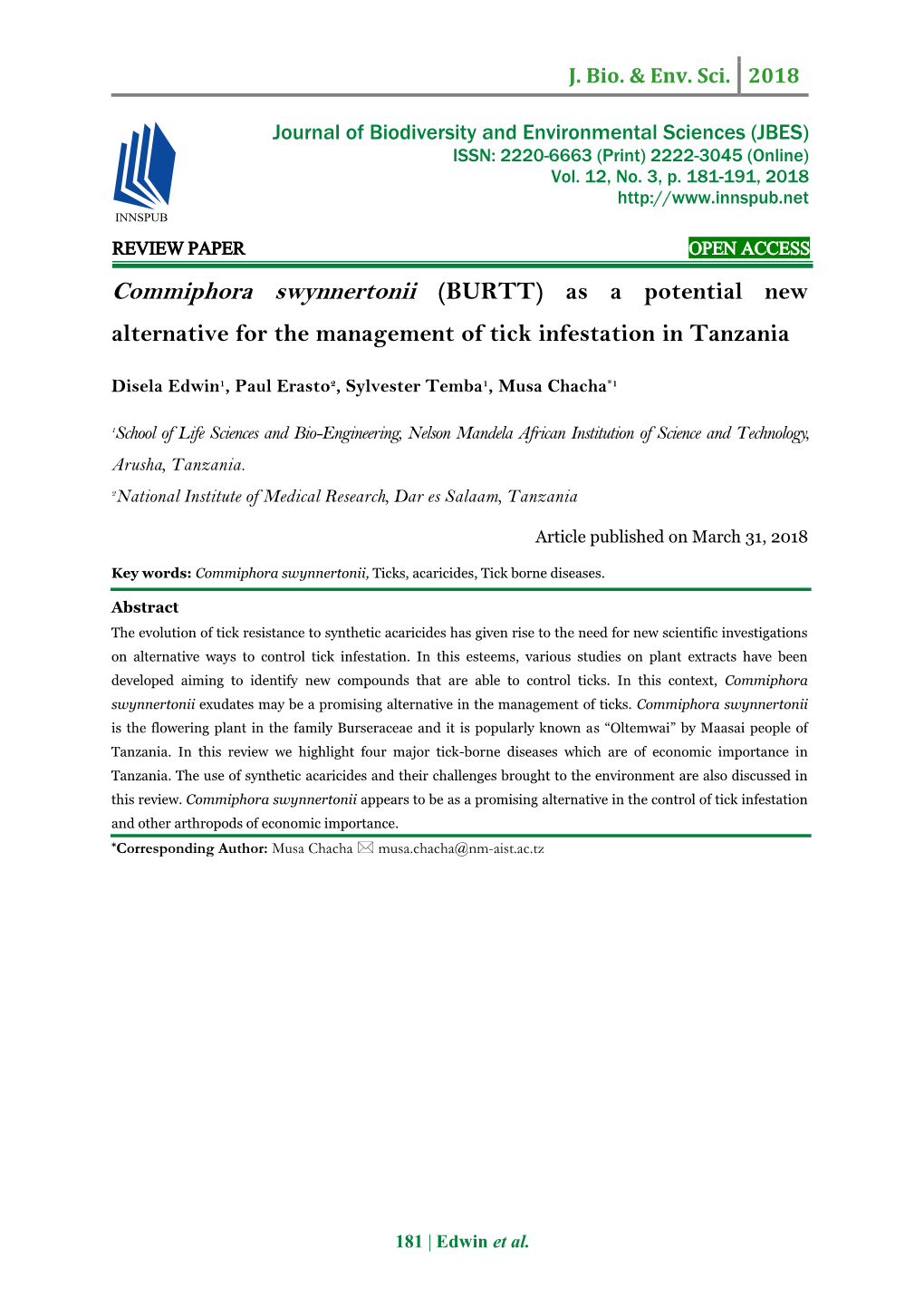 Commiphora Swynnertonii (BURTT) As a Potential New Alternative for the Management of Tick Infestation in Tanzania