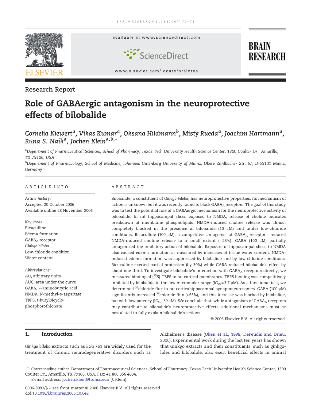 Role of Gabaergic Antagonism in the Neuroprotective Effects of Bilobalide