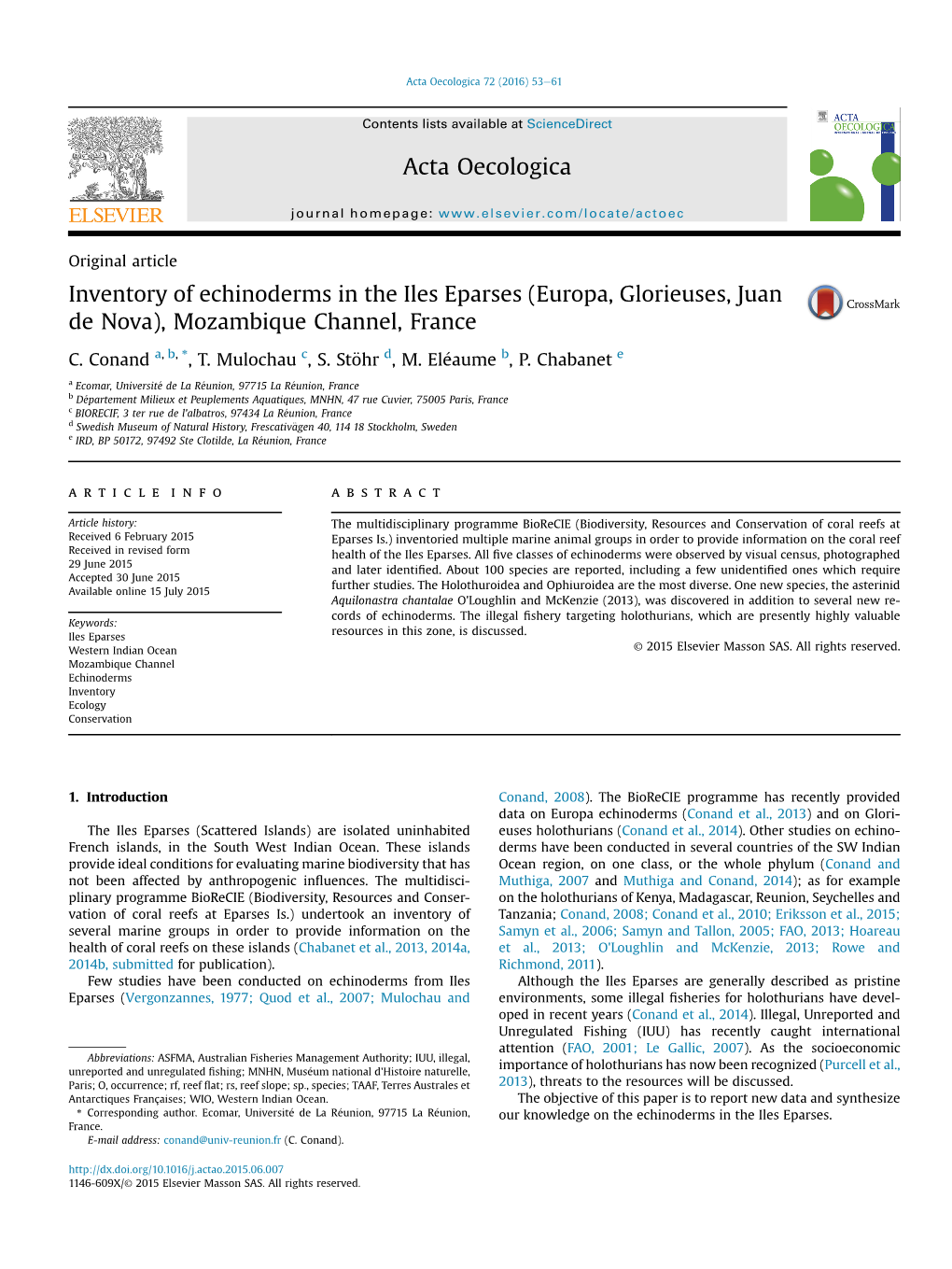 Inventory of Echinoderms in the Iles Eparses (Europa, Glorieuses, Juan De Nova), Mozambique Channel, France