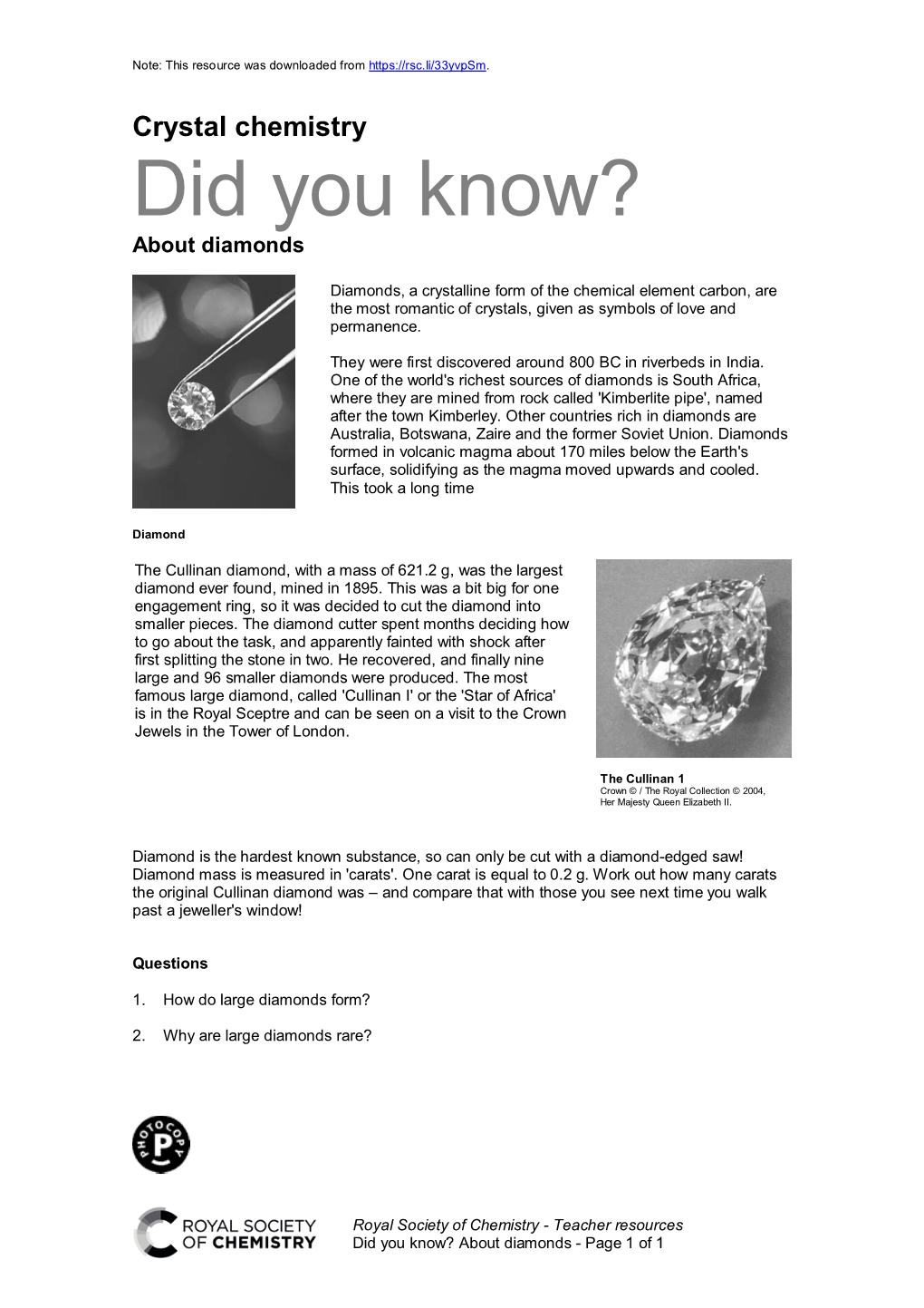 Did You Know About Diamonds? Activity Sheet