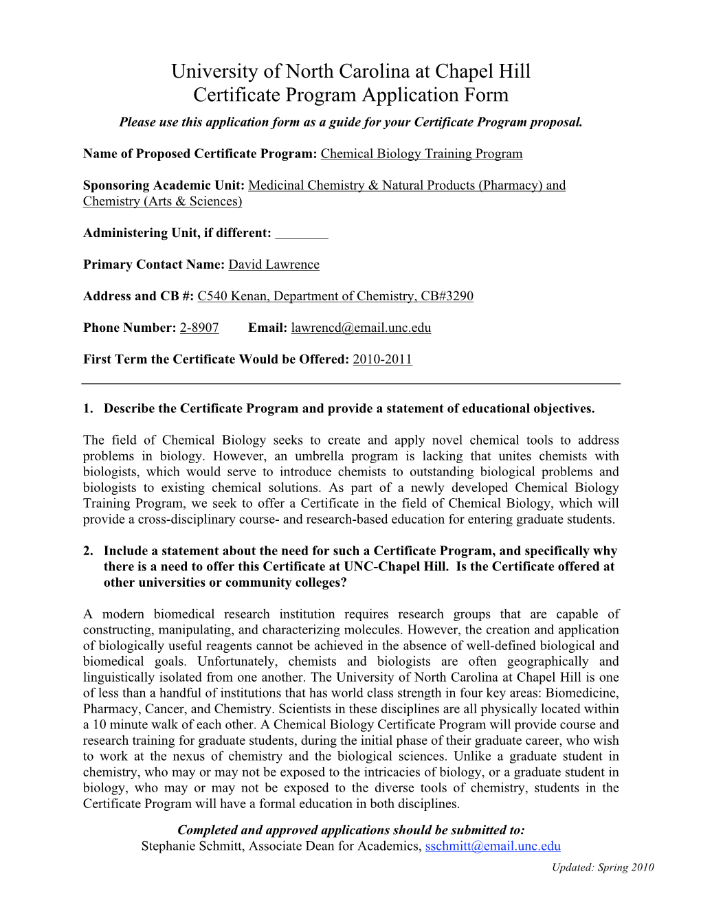 University of North Carolina at Chapel Hill Certificate Program Application Form