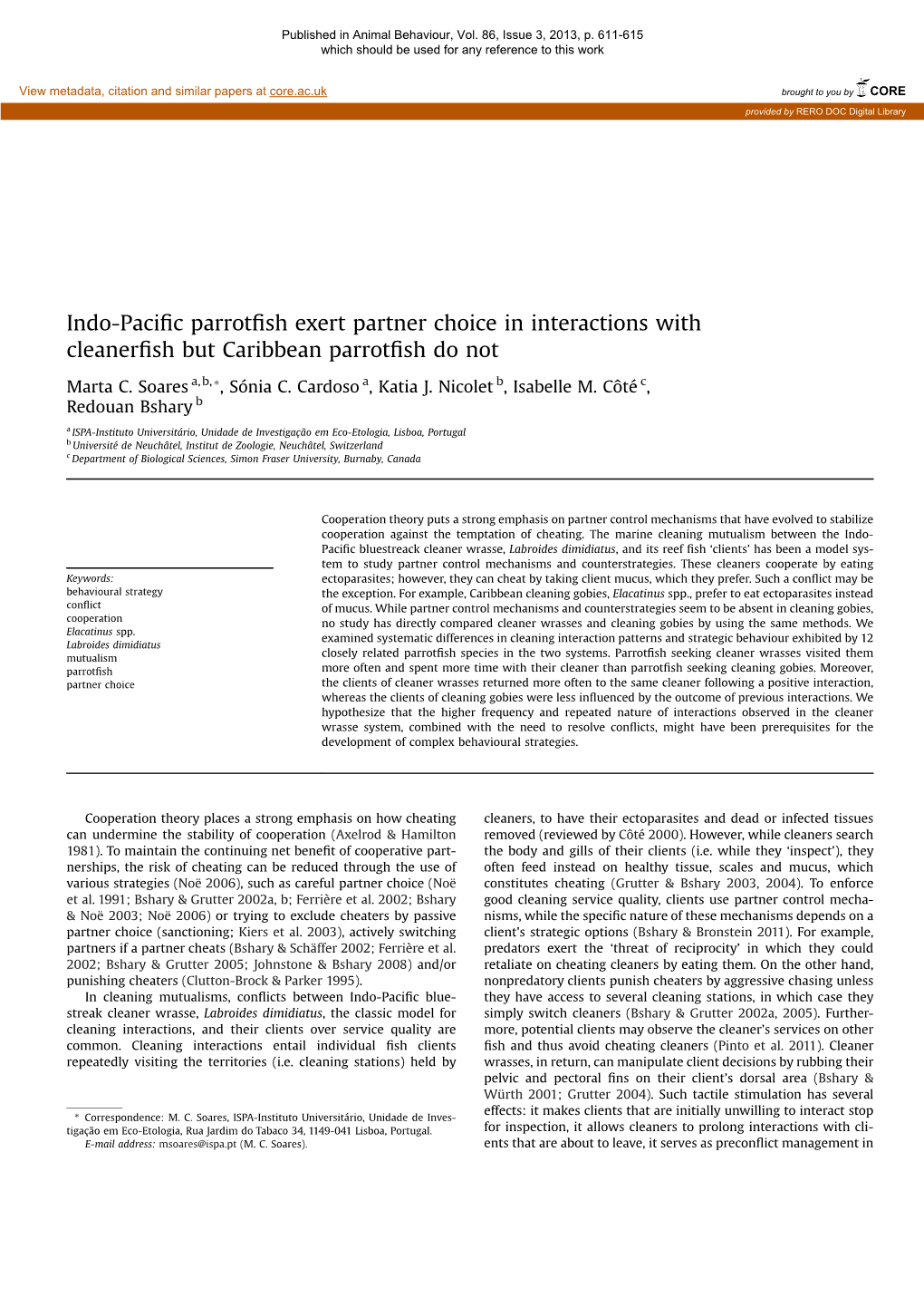 Indo-Pacific Parrotfish Exert Partner Choice in Interactions With