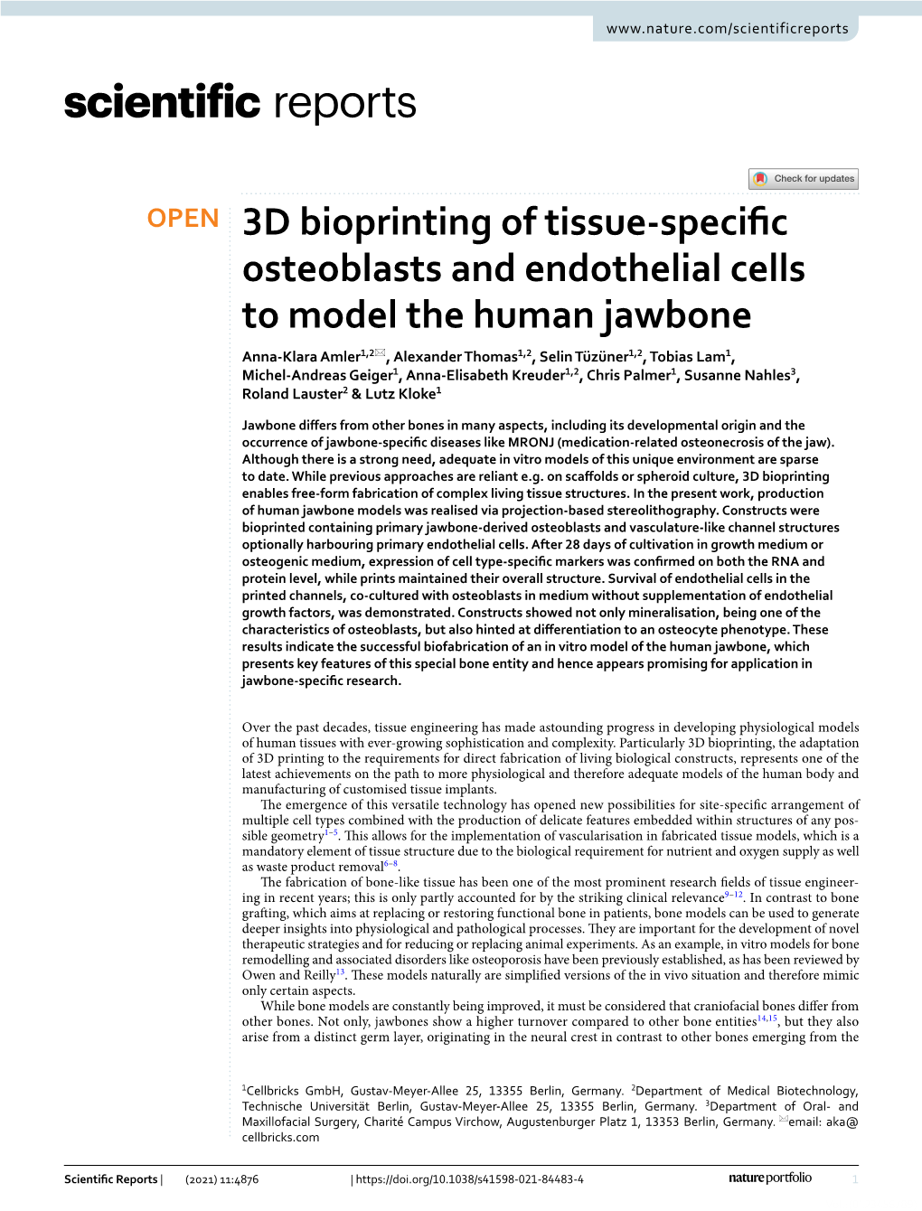 3D Bioprinting of Tissue-Specific Osteoblasts and Endothelial Cells To