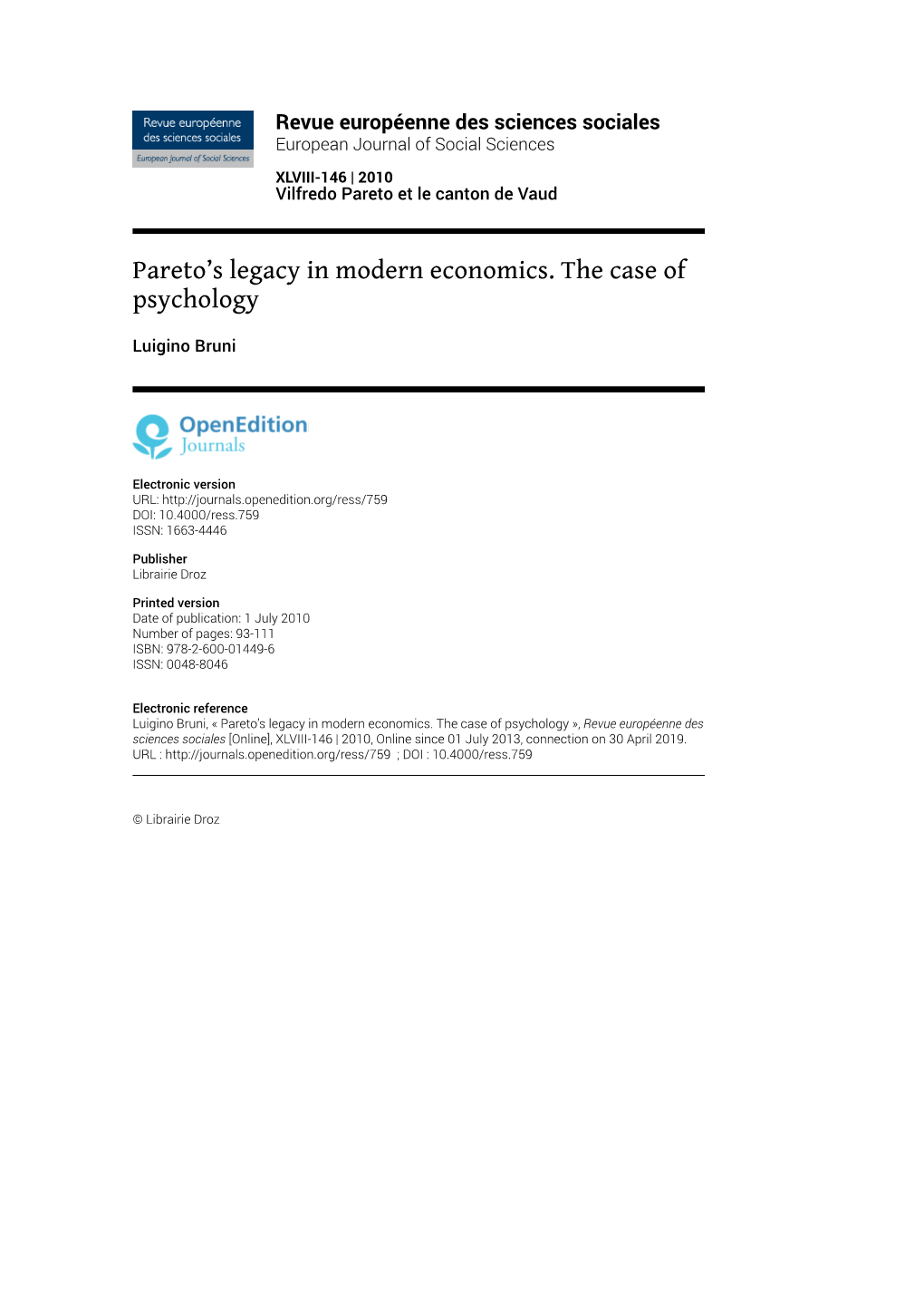 Pareto's Legacy in Modern Economics. the Case of Psychology