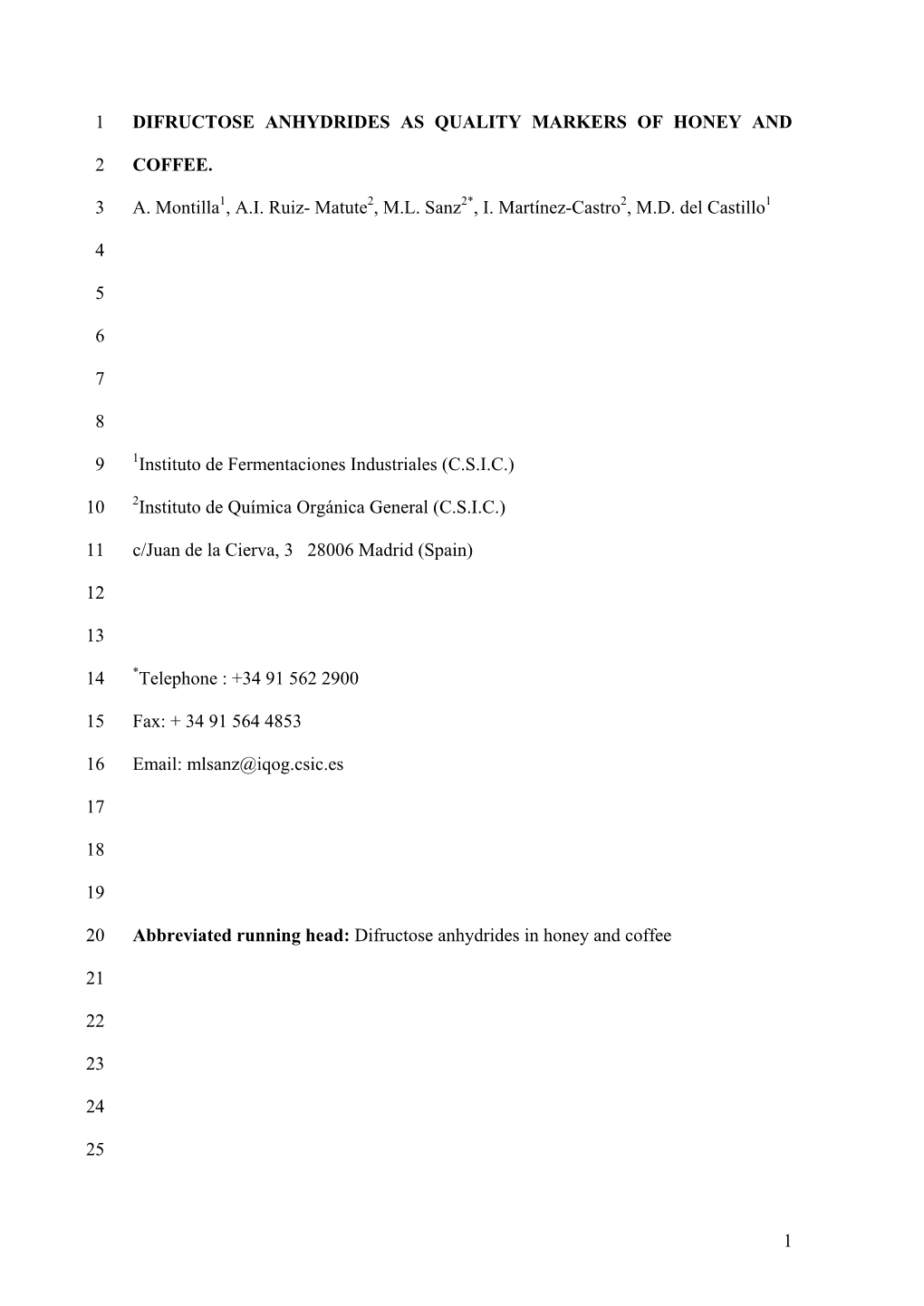 1 Difructose Anhydrides As Quality Markers of Honey And