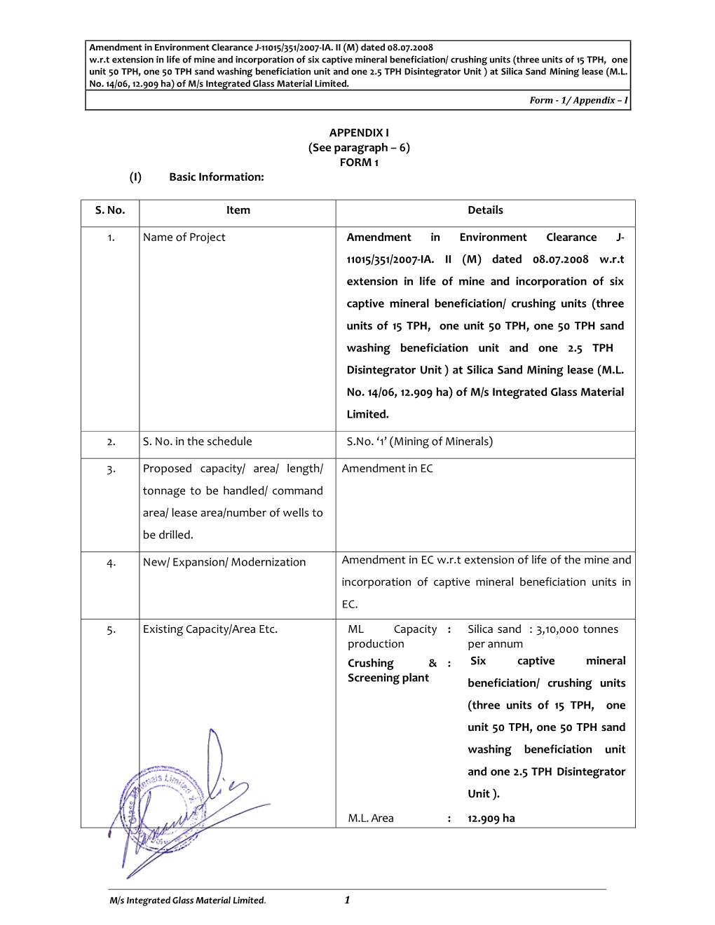 FORM 1 (I) Basic Information