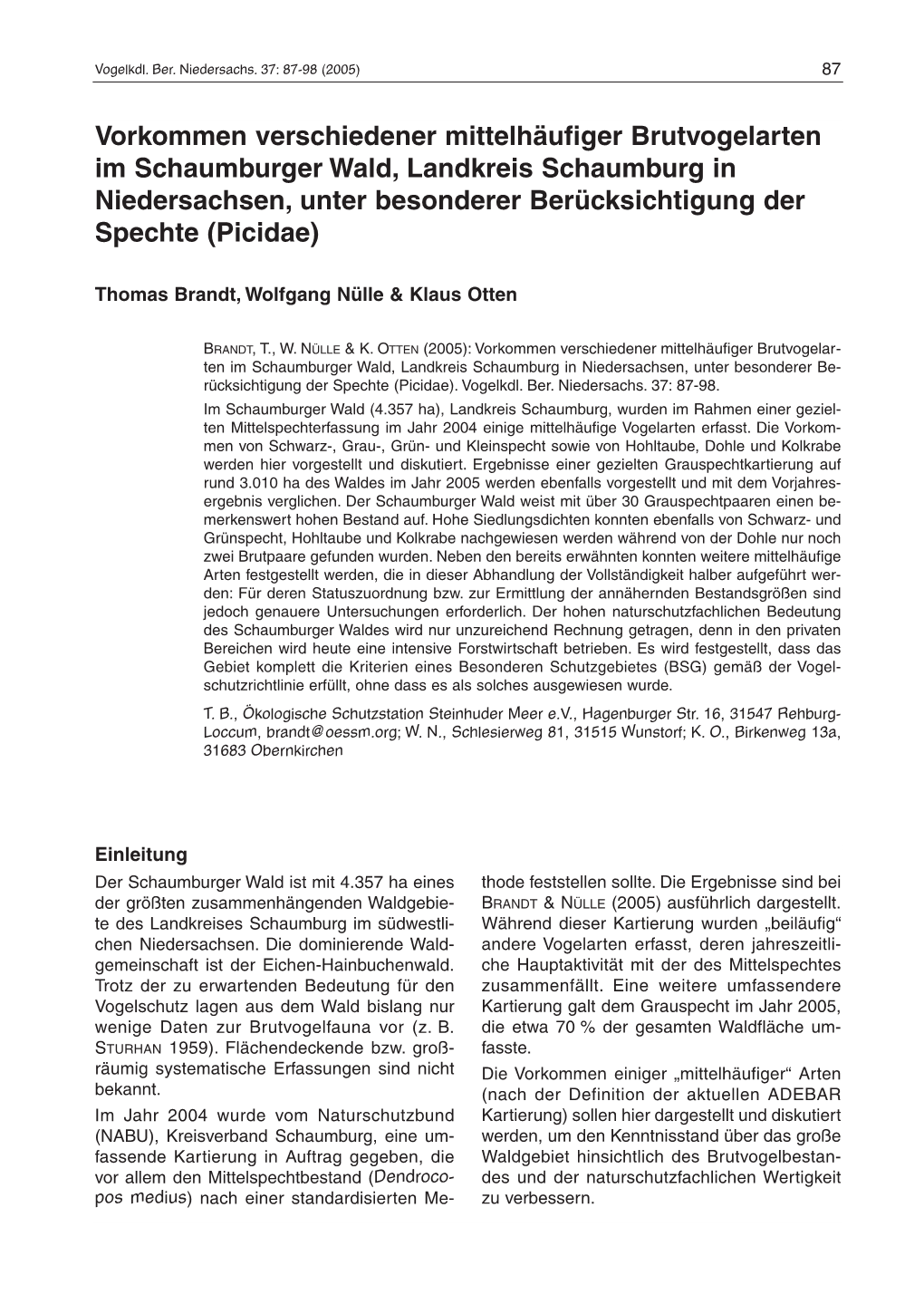 Vorkommen Verschiedener Mittelhäufiger Brutvogelarten Im