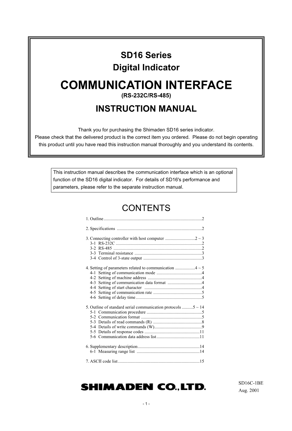 Communication Interface (Rs-232C/Rs-485) Instruction Manual