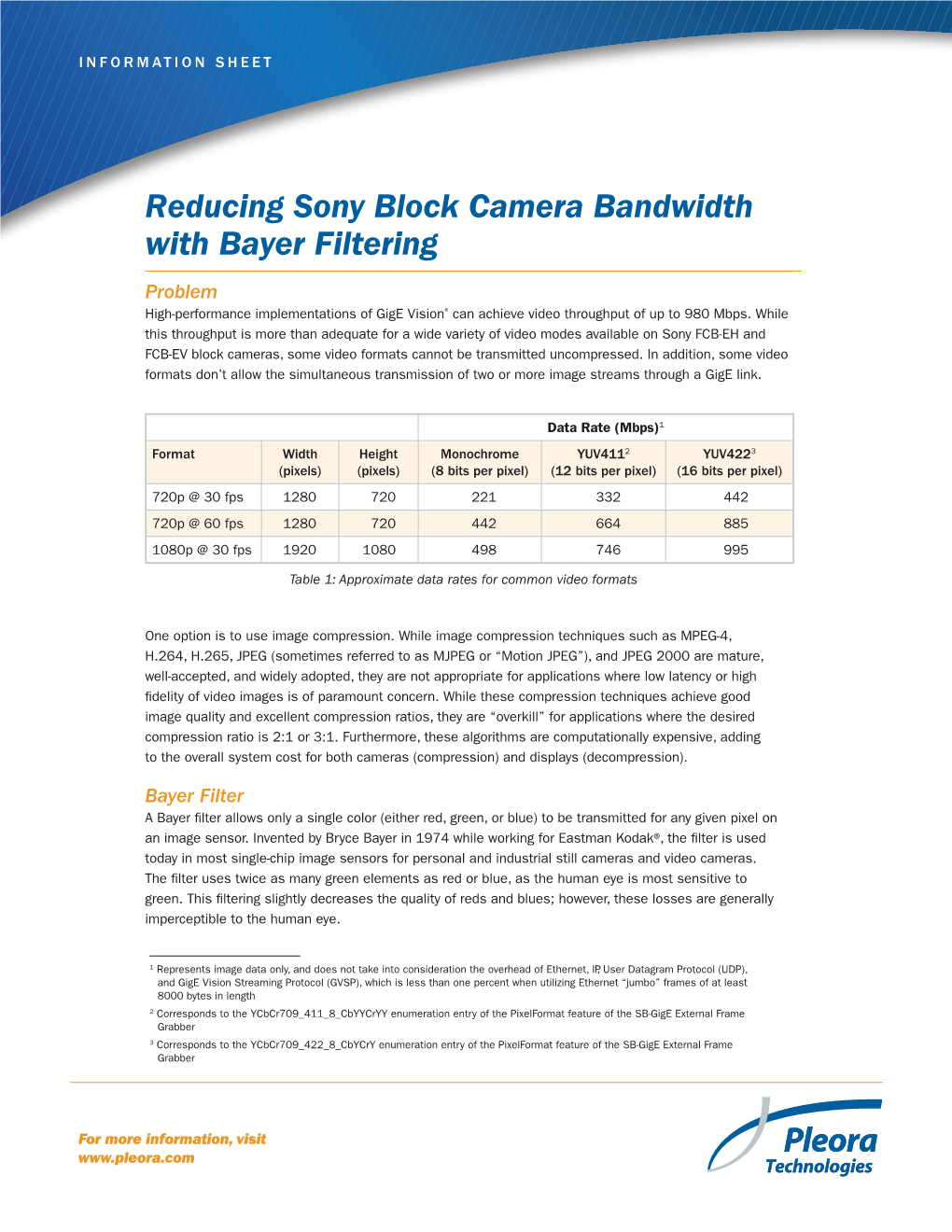Reducing Sony Block Camera Bandwidth with Bayer Filtering Problem High-Performance Implementations of Gige Vision® Can Achieve Video Throughput of up to 980 Mbps