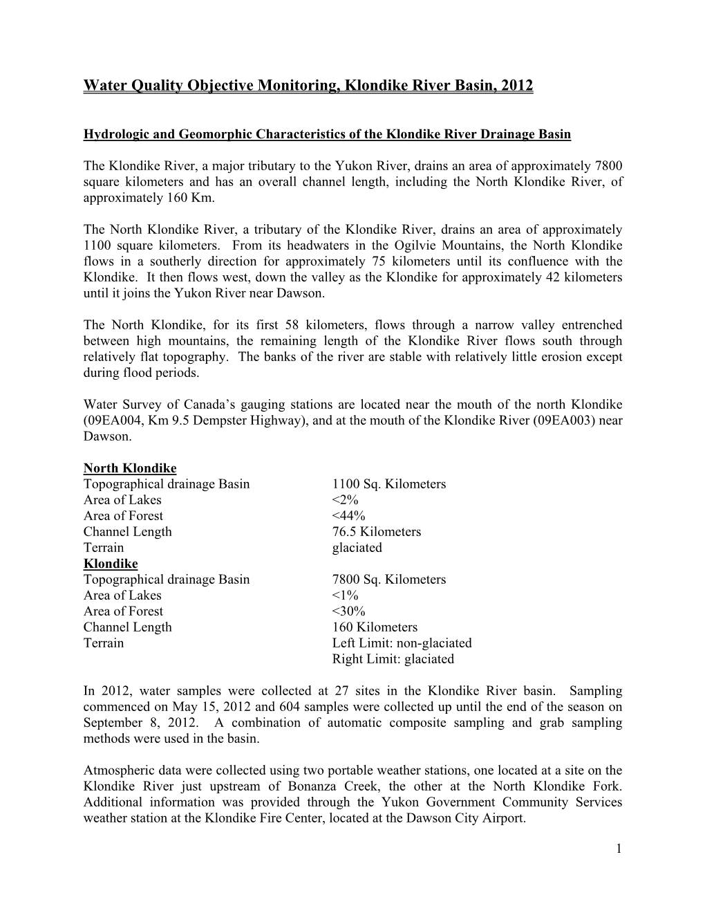 Water Quality Objective Monitoring, Klondike River Basin, 2012