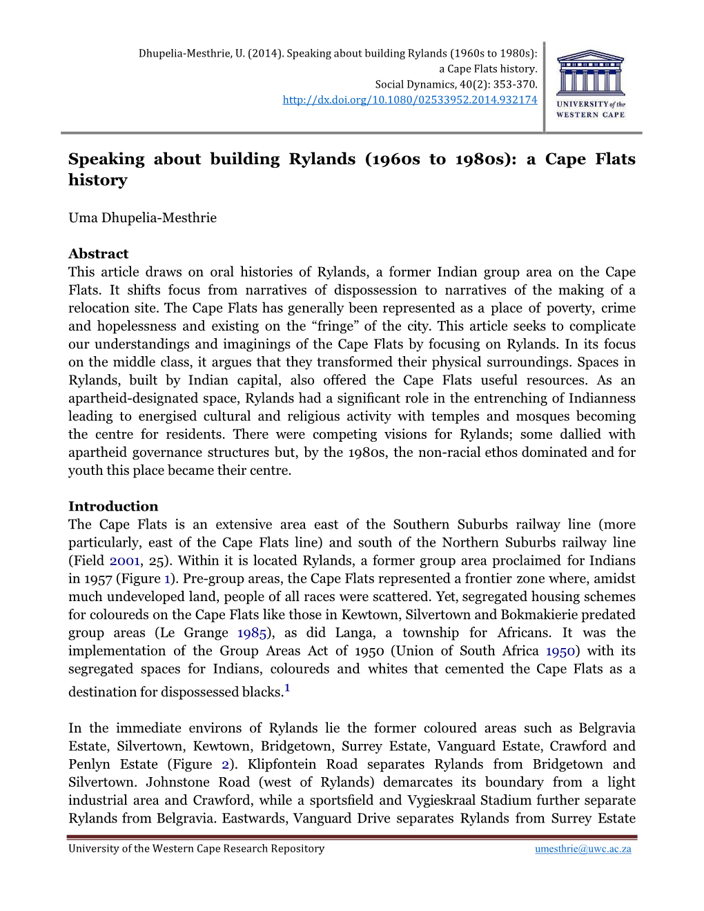 Speaking About Building Rylands (1960S to 1980S): a Cape Flats History
