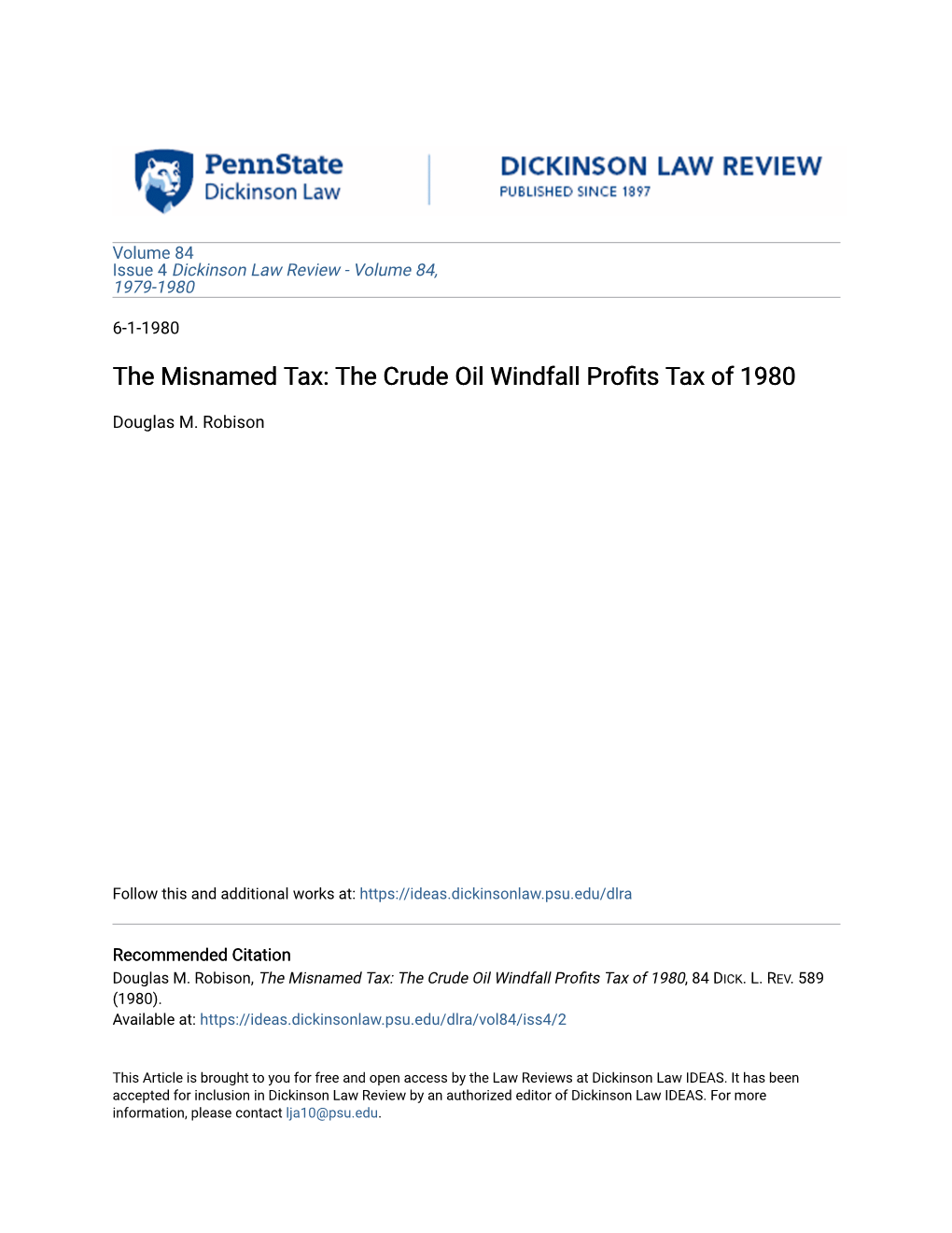 The Crude Oil Windfall Profits Tax of 1980