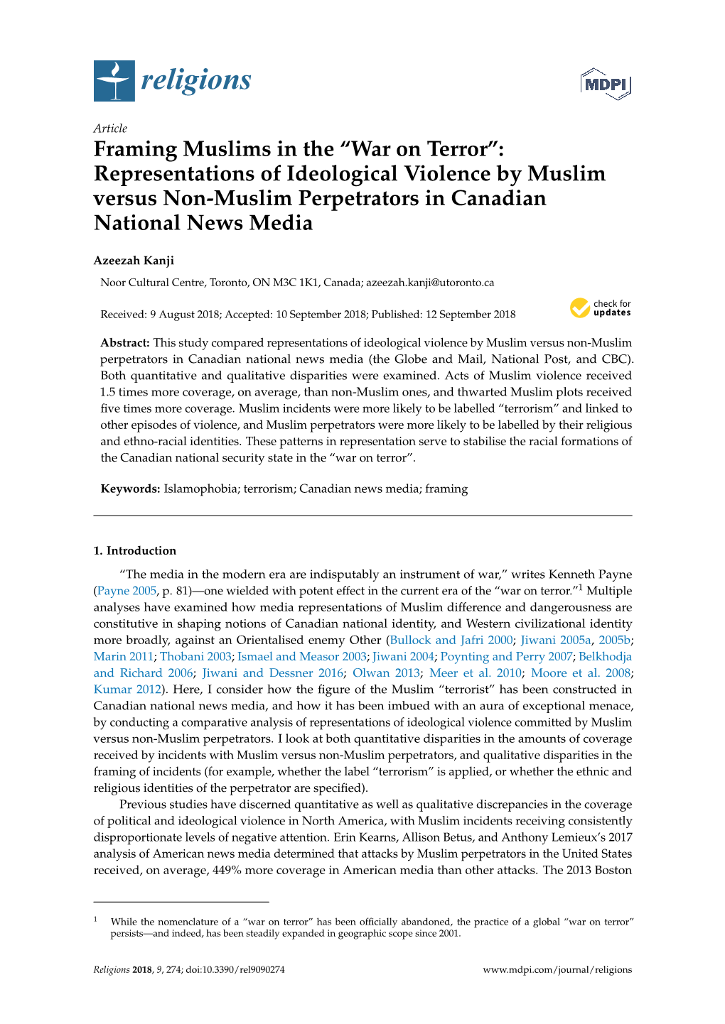 Framing Muslims in the “War on Terror”: Representations of Ideological Violence by Muslim Versus Non-Muslim Perpetrators in Canadian National News Media